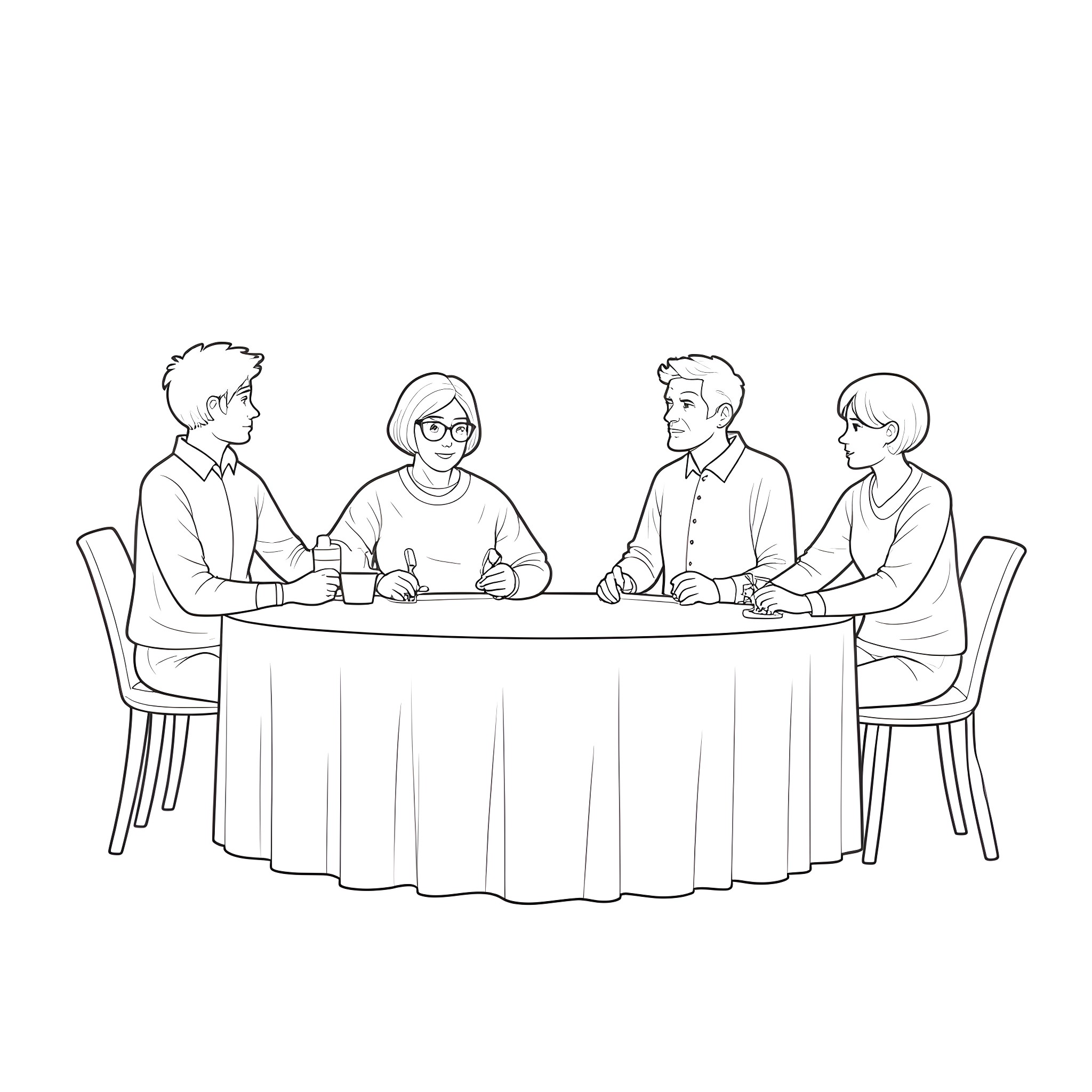 Adult group having a formal meeting at table Coloring Page (free black-and-white line drawing printable PDF for all, from beginners to advanced learners, including children, teens, adults, and seniors)
