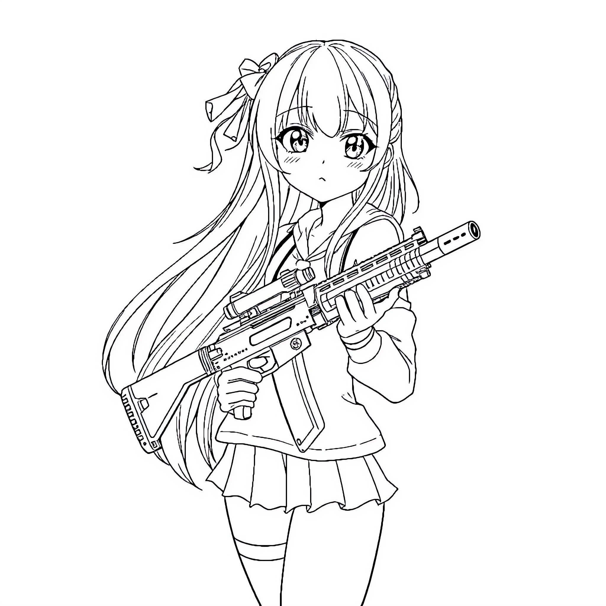 Anime Girl Holding Futuristic Firearm Coloring Page (free black-and-white line drawing printable PDF for all, from beginners to advanced learners, including children, teens, adults, and seniors)