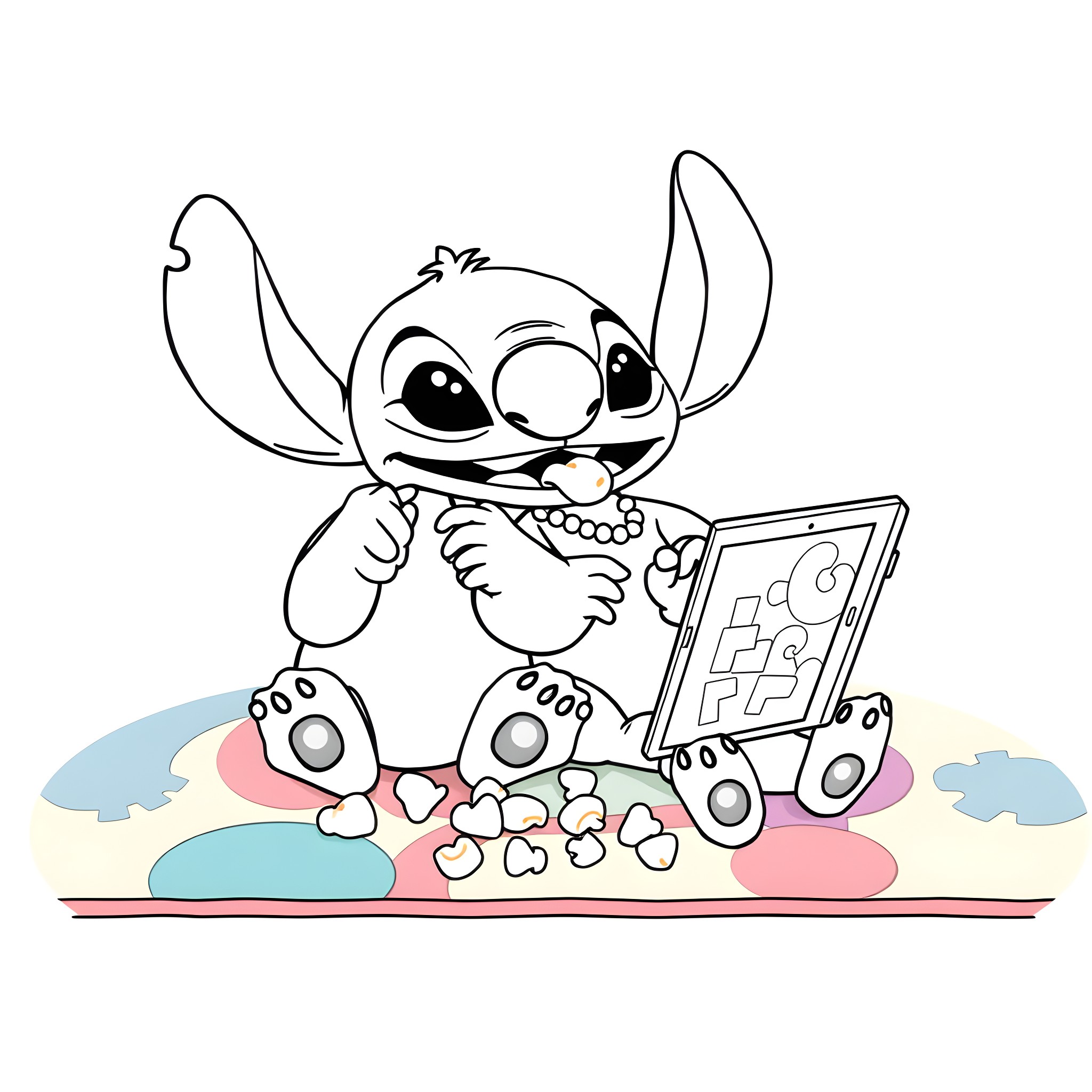 Lilo playing with a video game console Coloring Page (free black-and-white line drawing printable PDF for all, from beginners to advanced learners, including children, teens, adults, and seniors)