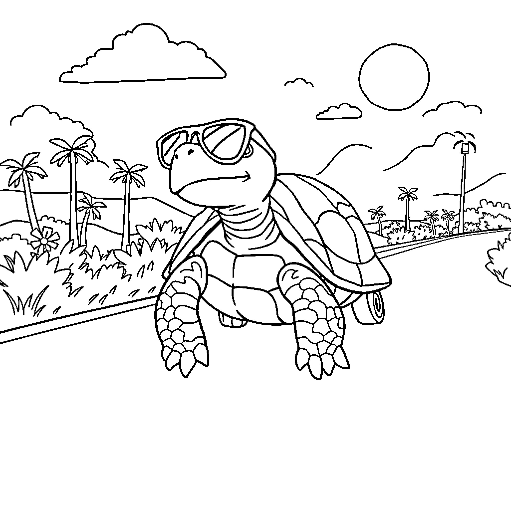 Turtle relaxing in tropical paradise Coloring Page (free black-and-white line drawing printable PDF for all, from beginners to advanced learners, including children, teens, adults, and seniors)