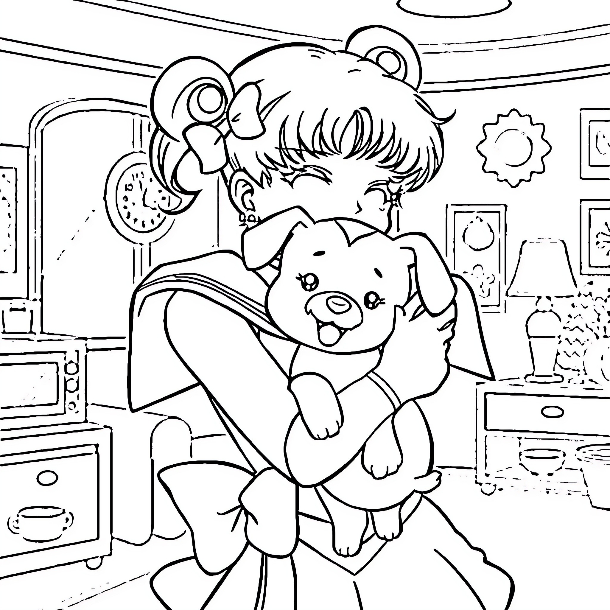Sailor Moon hugging her stuffed animal in a bedroom Coloring Page (free black-and-white line drawing printable PDF for all, from beginners to advanced learners, including children, teens, adults, and seniors)