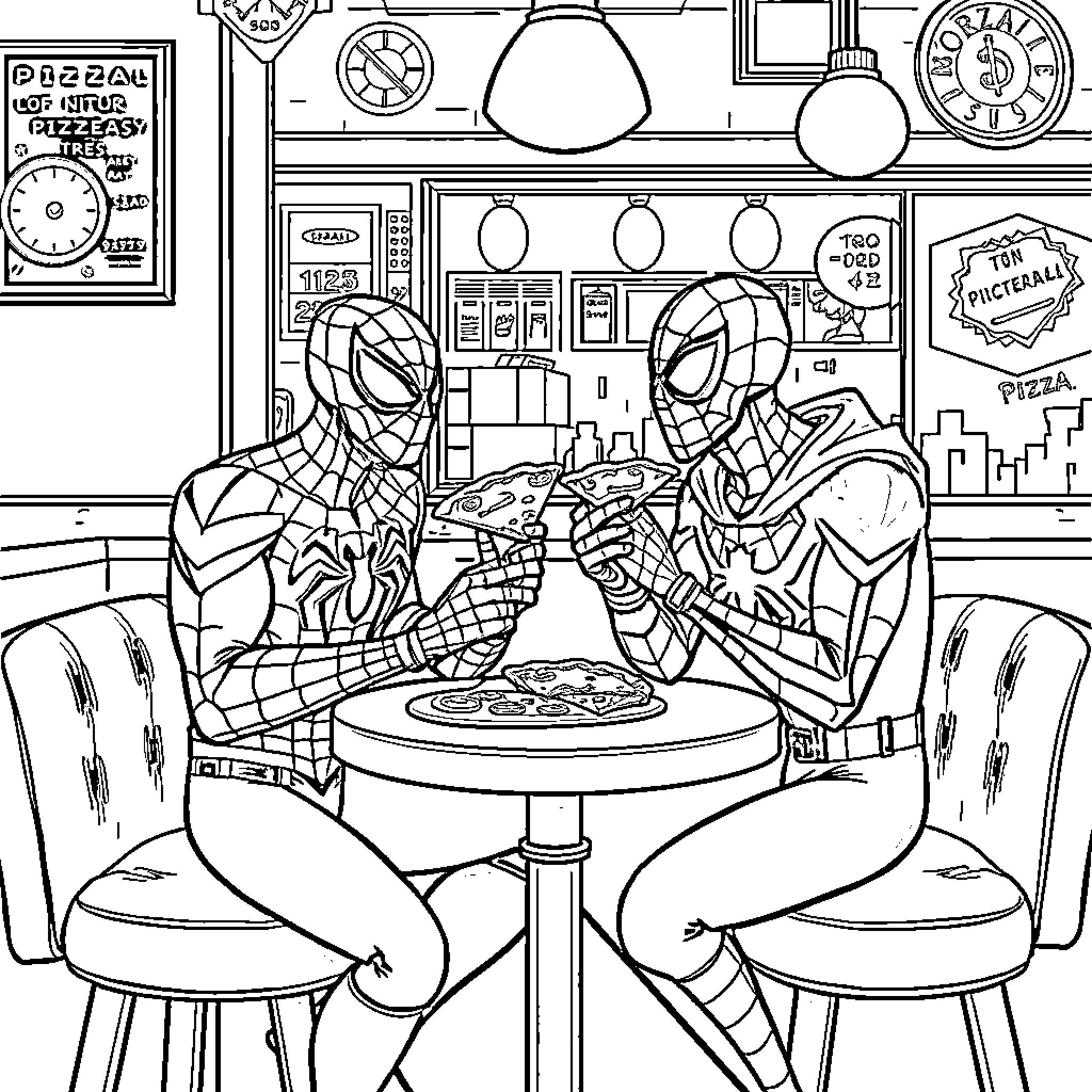 Spider-Man Enjoying a Slice of Pizza with Friends Coloring Page (free black-and-white line drawing printable PDF for all, from beginners to advanced learners, including children, teens, adults, and seniors)