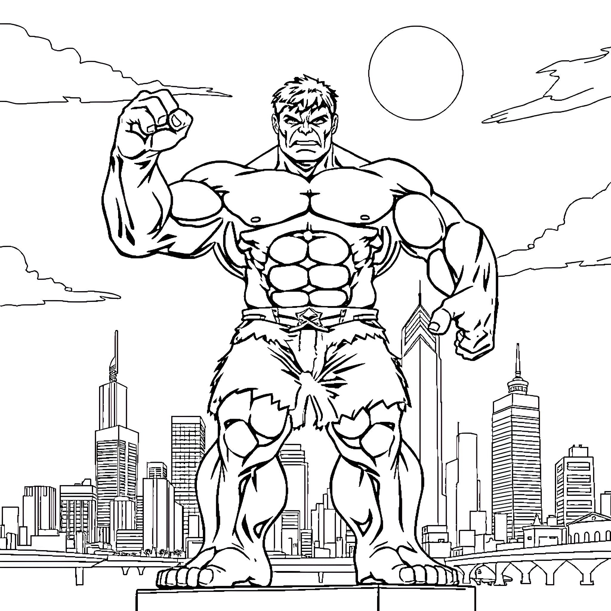 Hulk Unleashing Power in the City Coloring Page (free black-and-white line drawing printable PDF for all, from beginners to advanced learners, including children, teens, adults, and seniors)