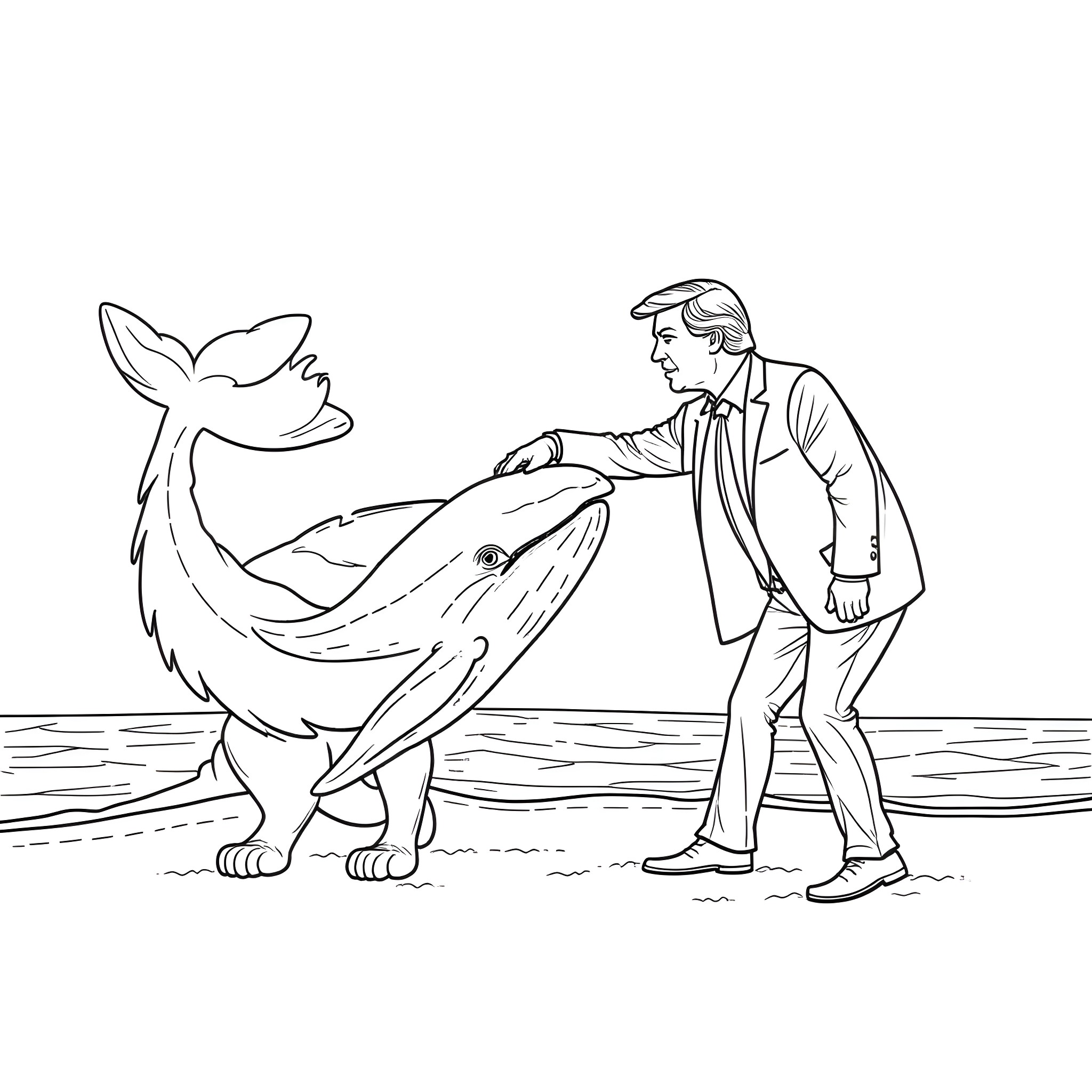 Trump interacting with a playful shark in the ocean Coloring Page (free black-and-white line drawing printable PDF for all, from beginners to advanced learners, including children, teens, adults, and seniors)
