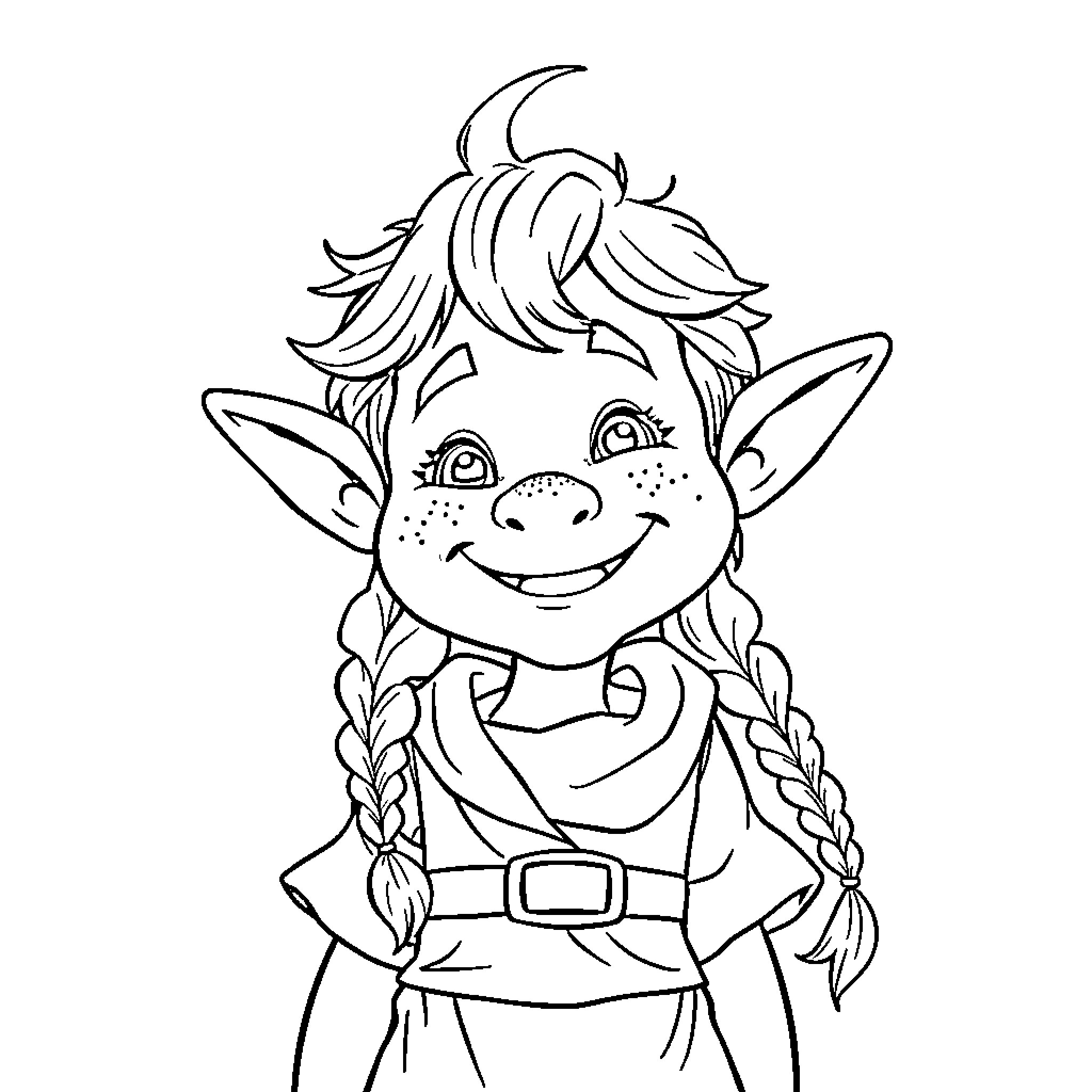 Halfling adventurer with braided hair and elf-like features Coloring Page (free black-and-white line drawing printable PDF for all, from beginners to advanced learners, including children, teens, adults, and seniors)