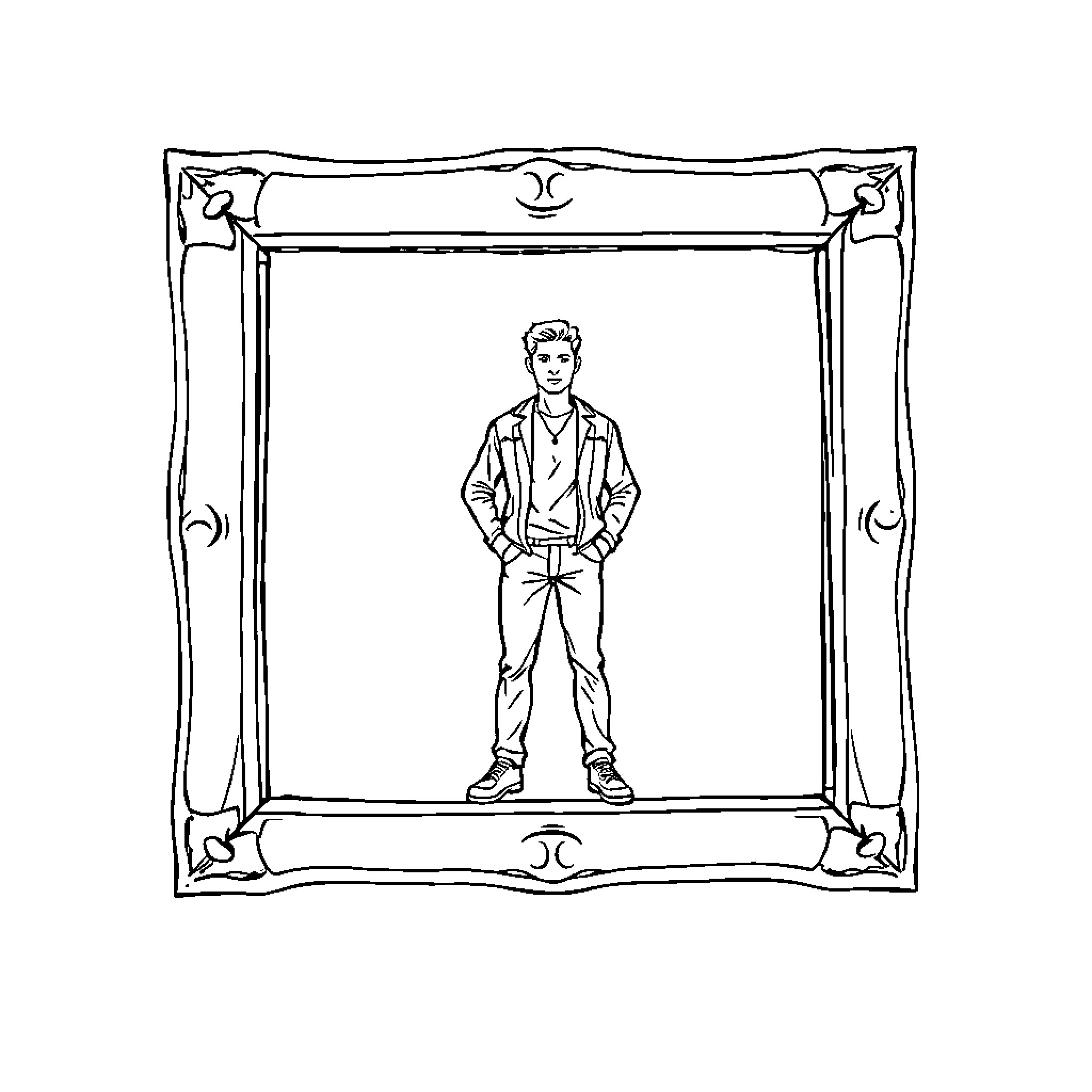 Frame of a Man Standing Confidently Coloring Page (free black-and-white line drawing printable PDF for all, from beginners to advanced learners, including children, teens, adults, and seniors)