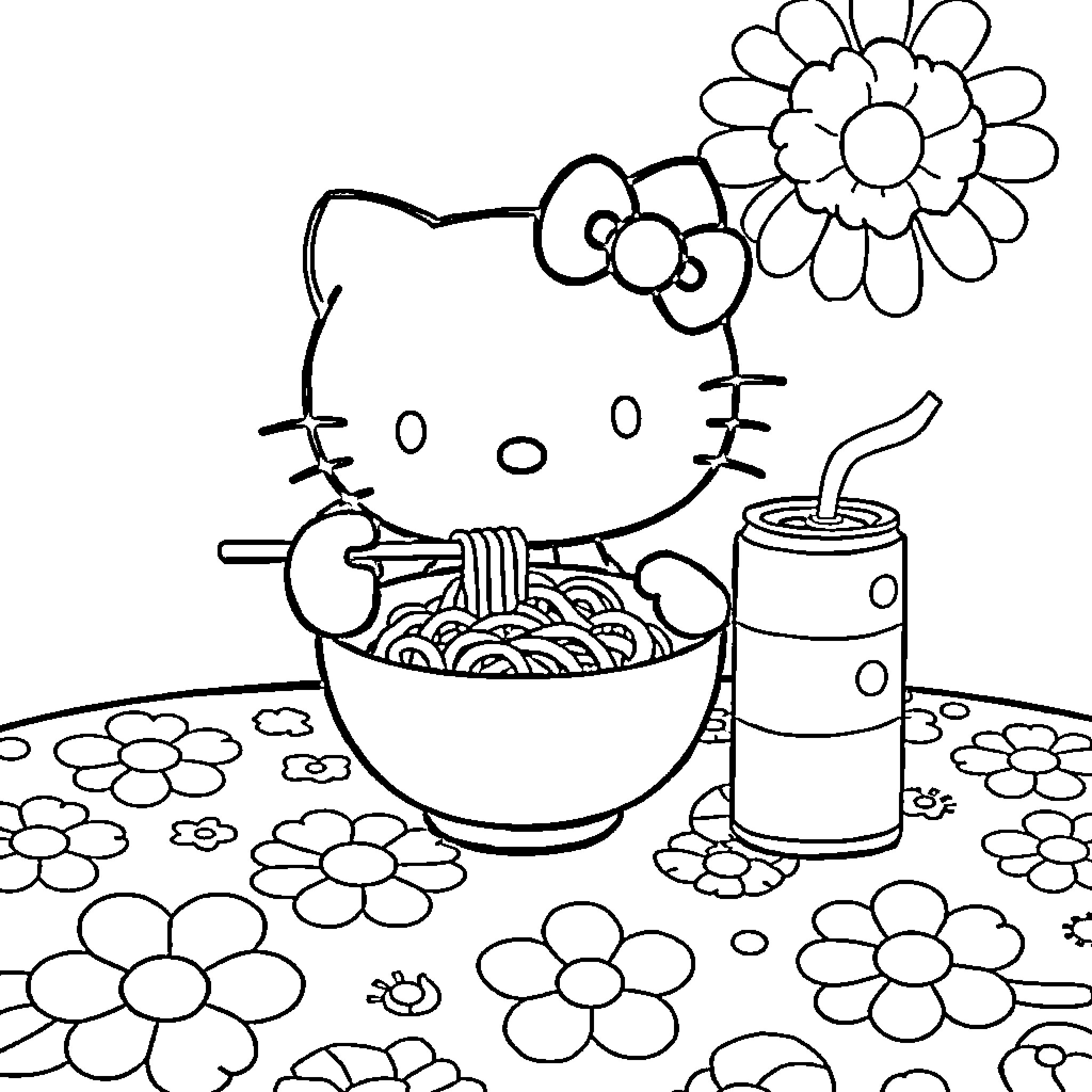 Hello Kitty Enjoying a Meal and Drink Surrounded by Flowers Coloring Page (free black-and-white line drawing printable PDF for all, from beginners to advanced learners, including children, teens, adults, and seniors)