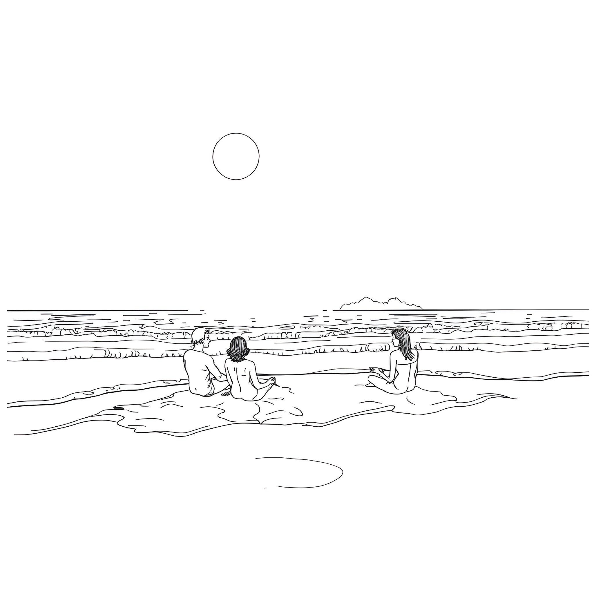 Girl enjoying peaceful beach scene with friends Coloring Page (free black-and-white line drawing printable PDF for all, from beginners to advanced learners, including children, teens, adults, and seniors)