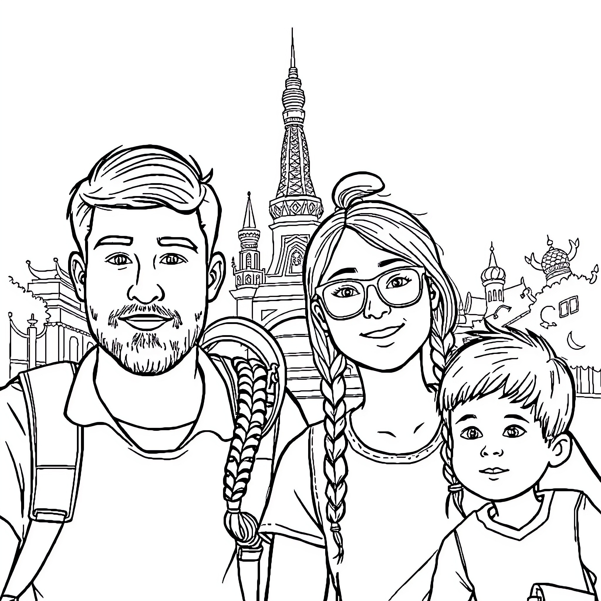 Family Exploring Iconic Landmarks on Vacation Coloring Page (free black-and-white line drawing printable PDF for all, from beginners to advanced learners, including children, teens, adults, and seniors)