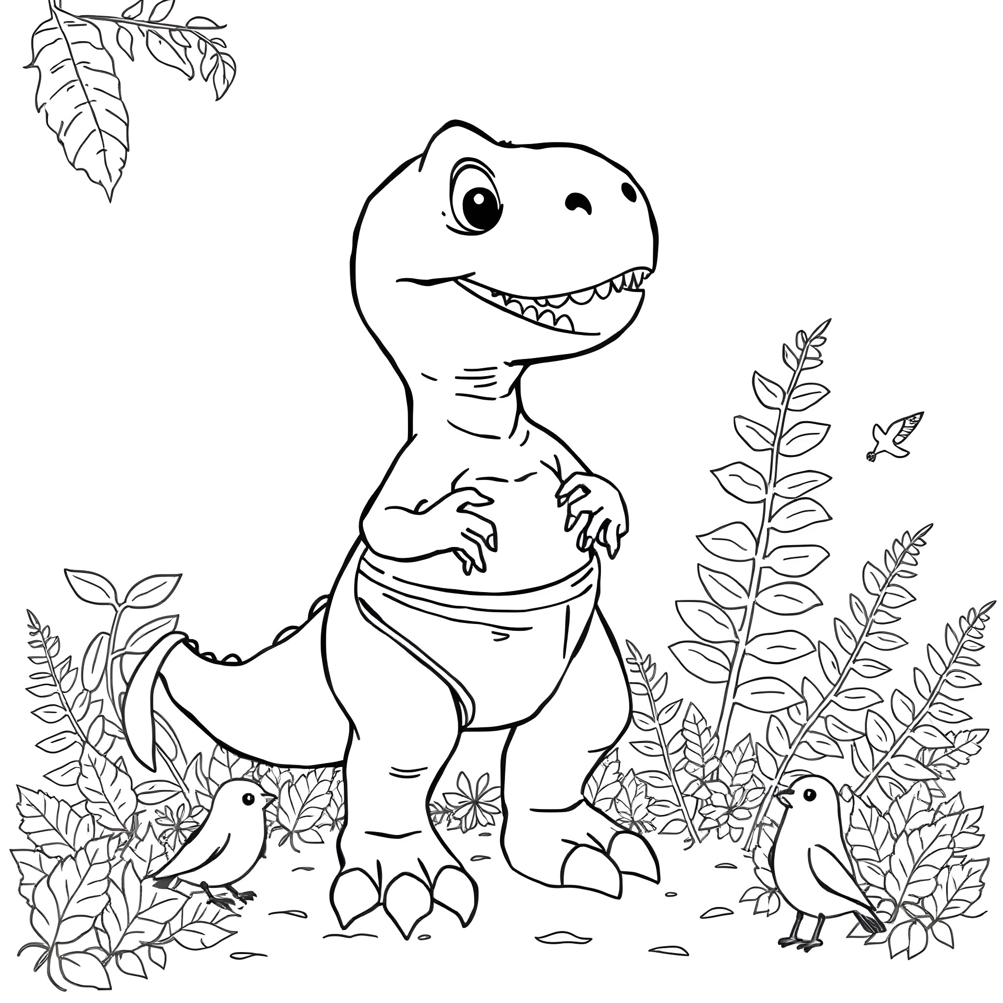 T-Rex playing happily in a lush forest Coloring Page (free black-and-white line drawing printable PDF for all, from beginners to advanced learners, including children, teens, adults, and seniors)