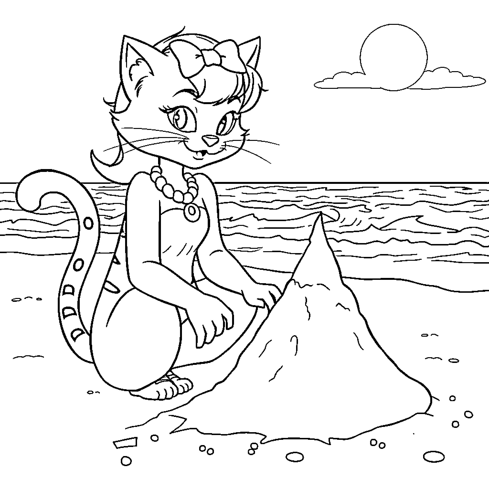 Marie's Seaside Adventure Coloring Page (free black-and-white line drawing printable PDF for all, from beginners to advanced learners, including children, teens, adults, and seniors)