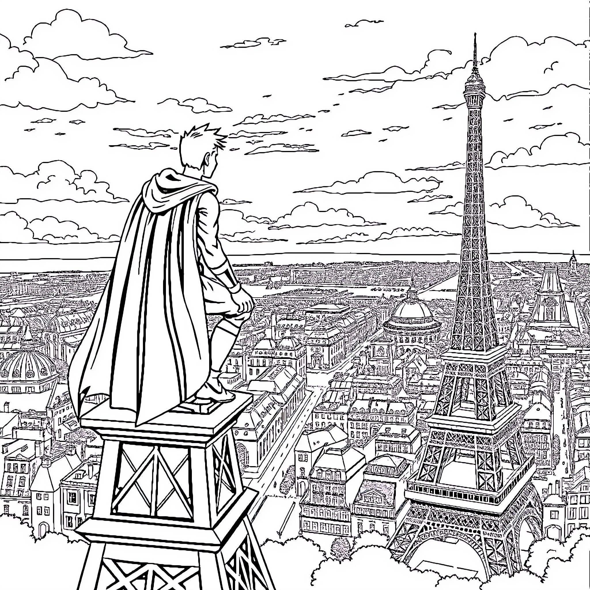 Hero Overlooking the Iconic City Skyline Coloring Page (free black-and-white line drawing printable PDF for all, from beginners to advanced learners, including children, teens, adults, and seniors)