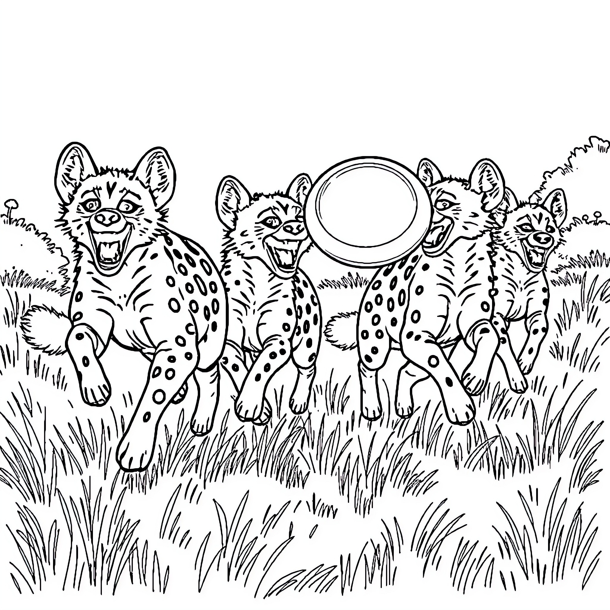 Hyena pack roaming in the grasslands Coloring Page (free black-and-white line drawing printable PDF for all, from beginners to advanced learners, including children, teens, adults, and seniors)