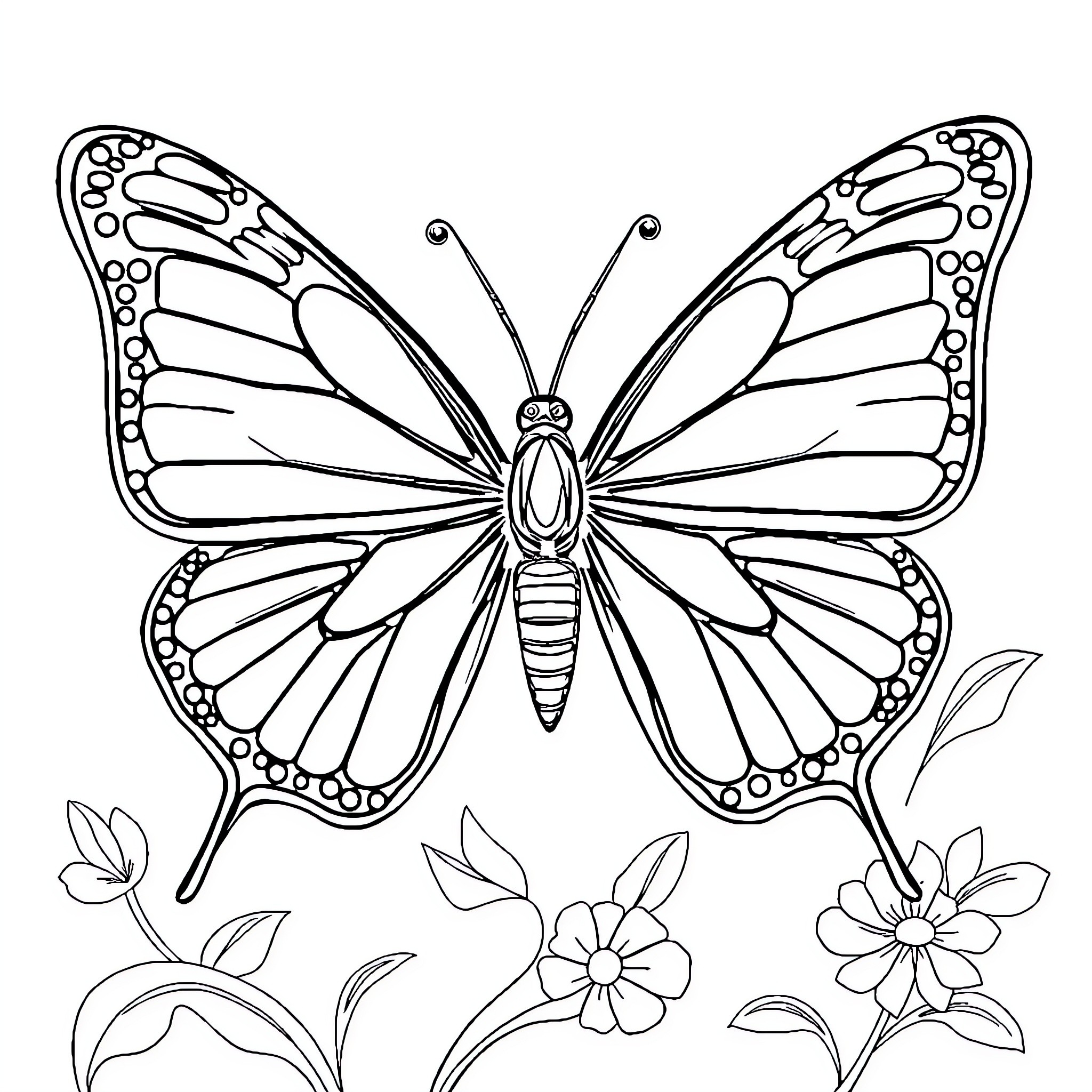 Butterfly resting among elegant flowers Coloring Page (free black-and-white line drawing printable PDF for all, from beginners to advanced learners, including children, teens, adults, and seniors)