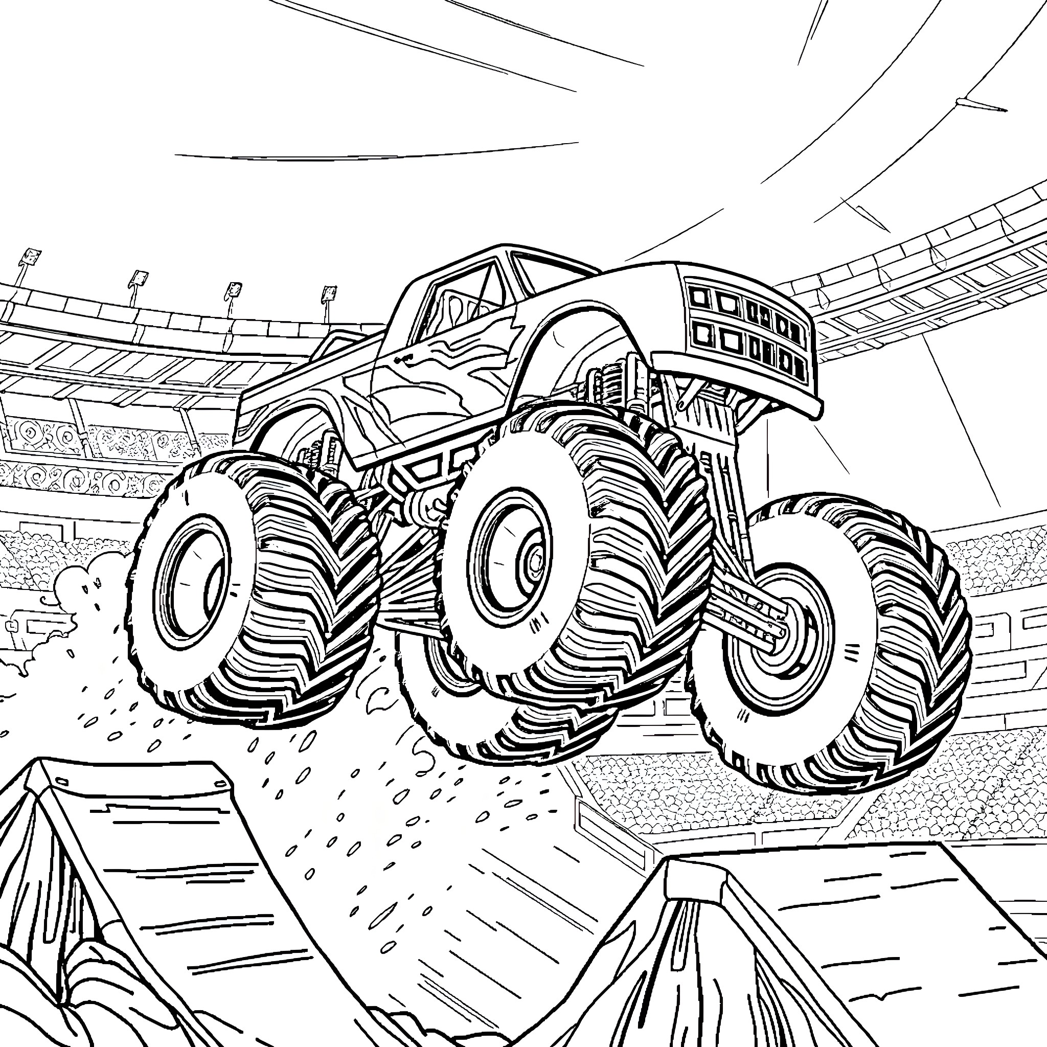 Monster Truck Crushing Through the Racetrack Coloring Page (free black-and-white line drawing printable PDF for all, from beginners to advanced learners, including children, teens, adults, and seniors)