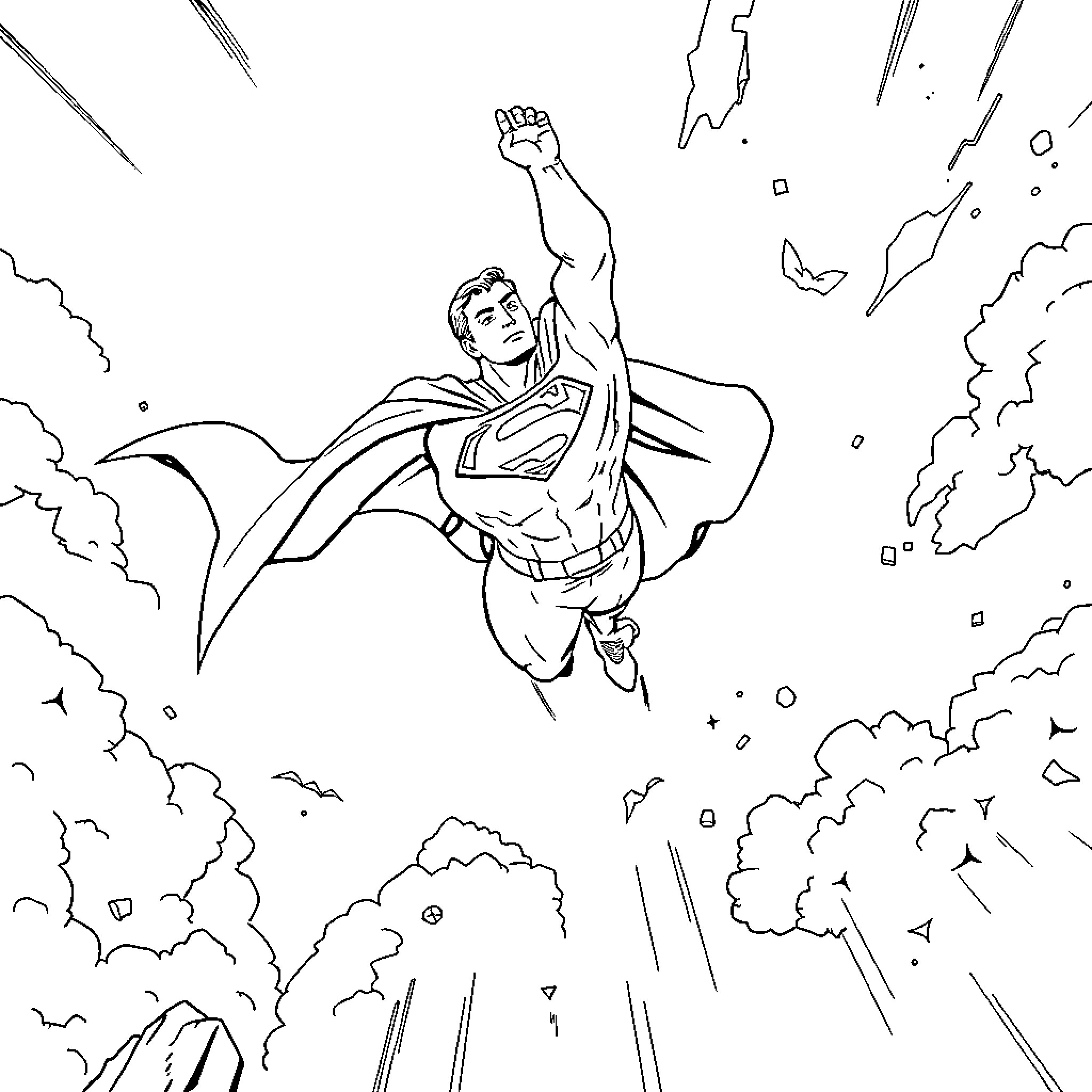 Superman soaring heroically through clouds Coloring Page (free black-and-white line drawing printable PDF for all, from beginners to advanced learners, including children, teens, adults, and seniors)