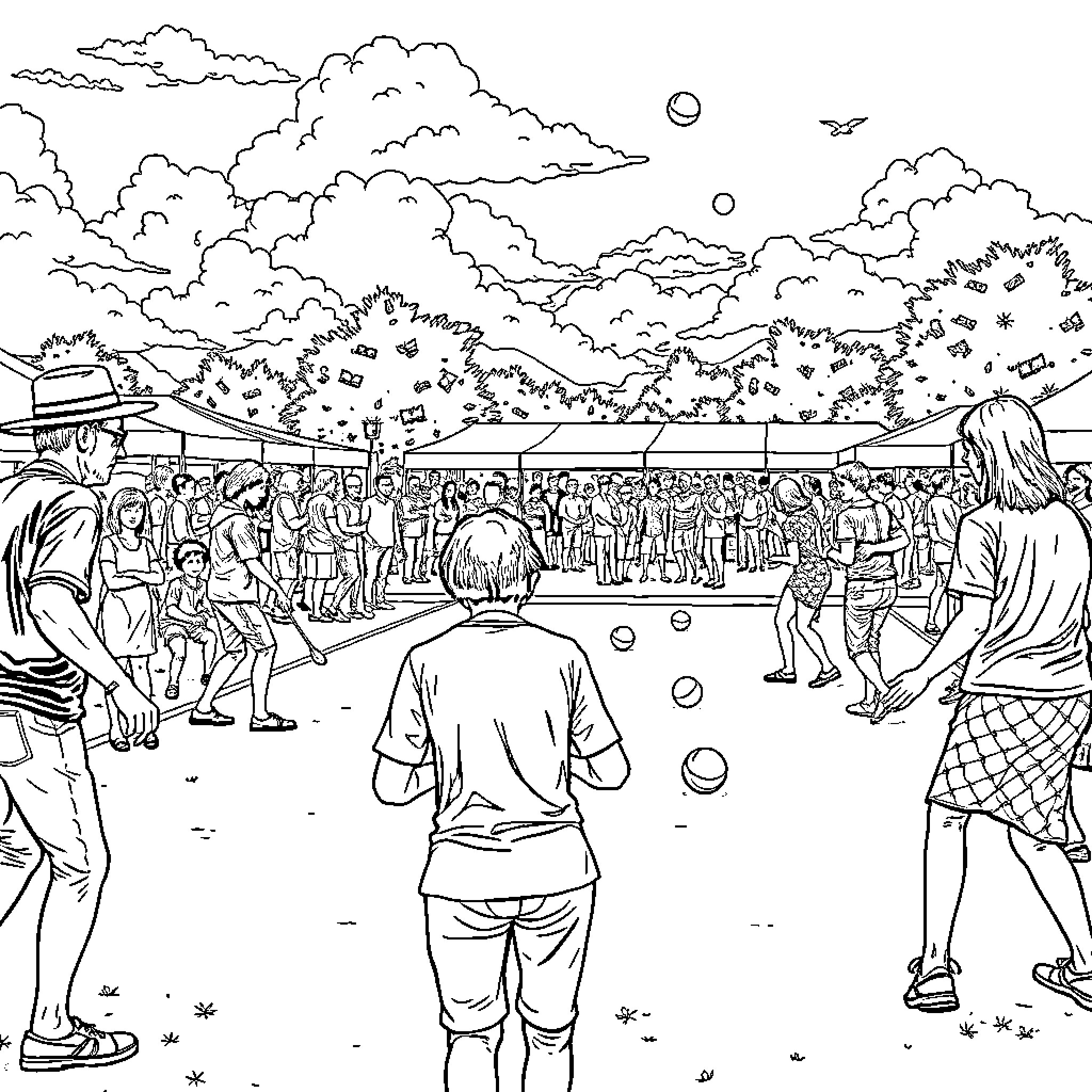 Boule game at the village square Coloring Page (free black-and-white line drawing printable PDF for all, from beginners to advanced learners, including children, teens, adults, and seniors)