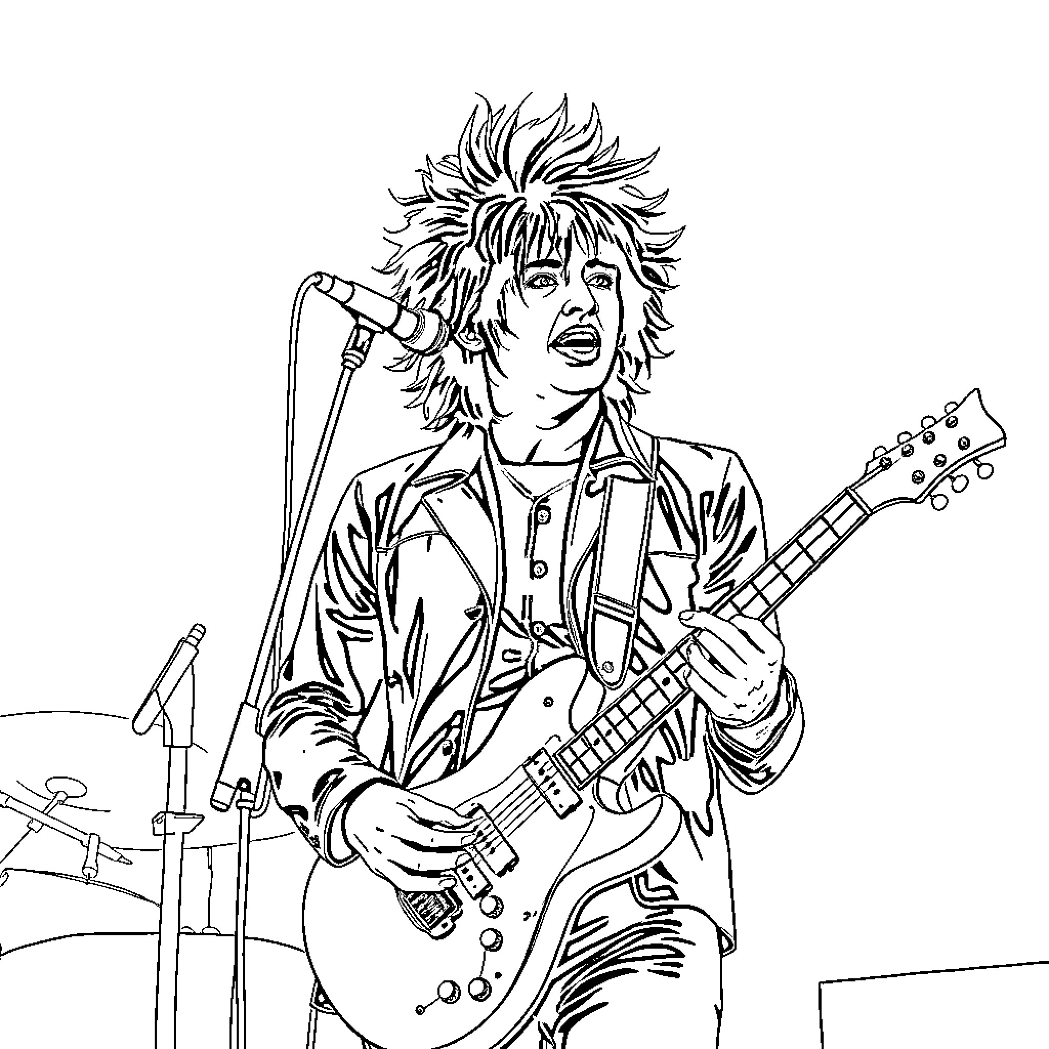 Robert Smith performing on stage with guitar Coloring Page (free black-and-white line drawing printable PDF for all, from beginners to advanced learners, including children, teens, adults, and seniors)