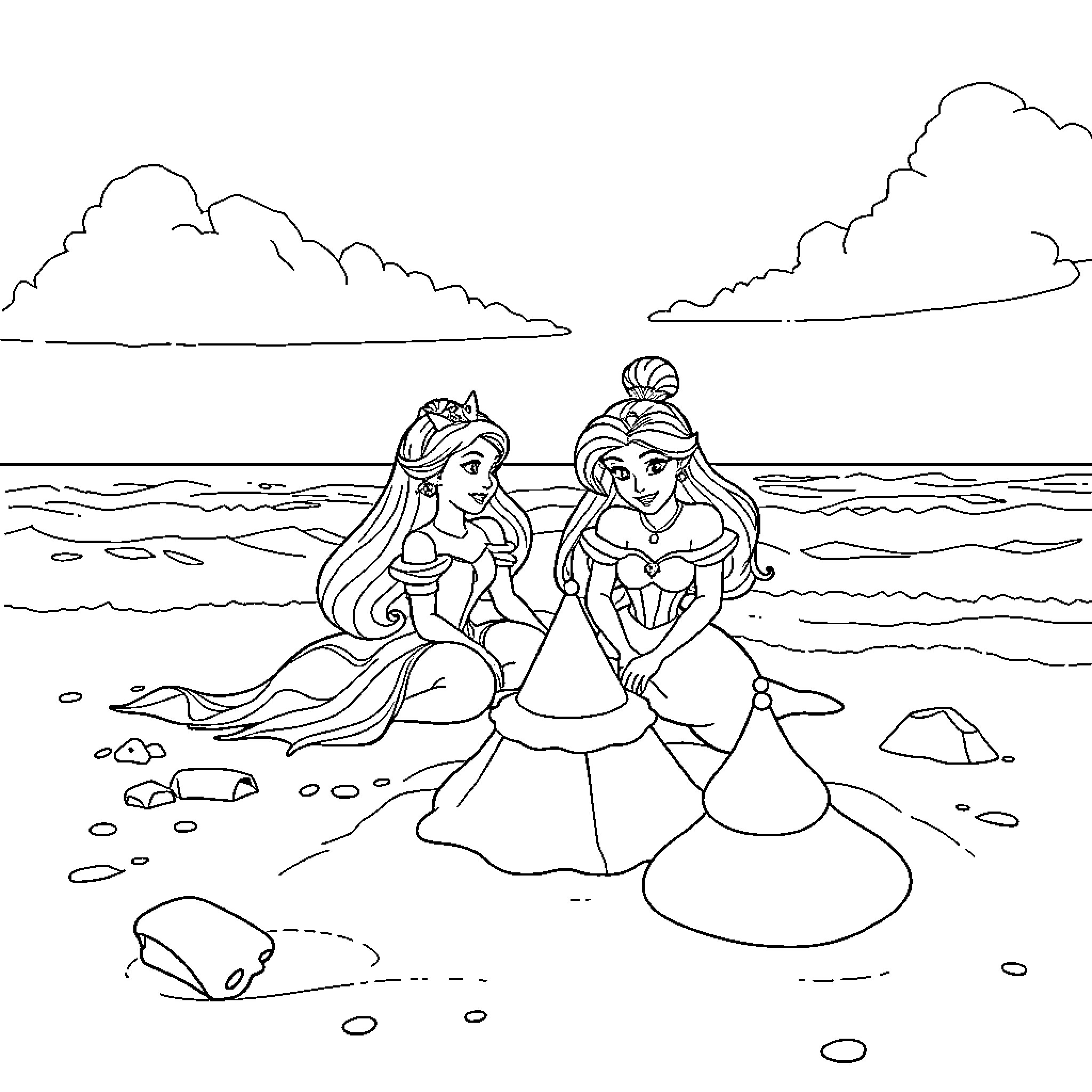 Princess friends enjoying a day at the beach Coloring Page (free black-and-white line drawing printable PDF for all, from beginners to advanced learners, including children, teens, adults, and seniors)