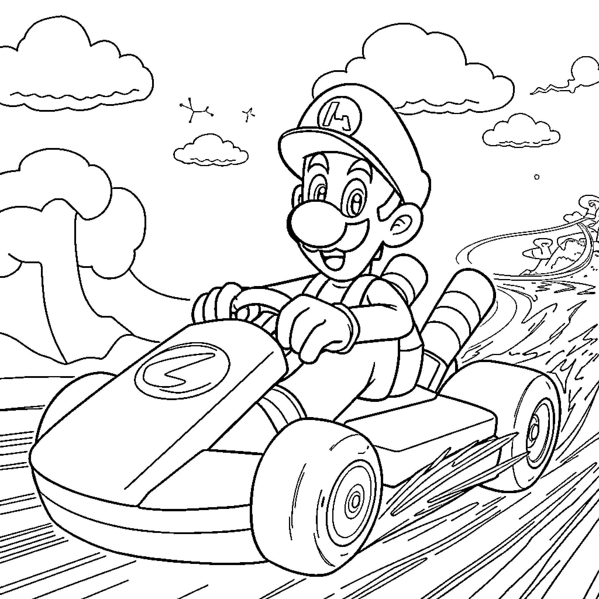 Luigi's Thrilling Go-Kart Adventure Coloring Page (free black-and-white line drawing printable PDF for all, from beginners to advanced learners, including children, teens, adults, and seniors)