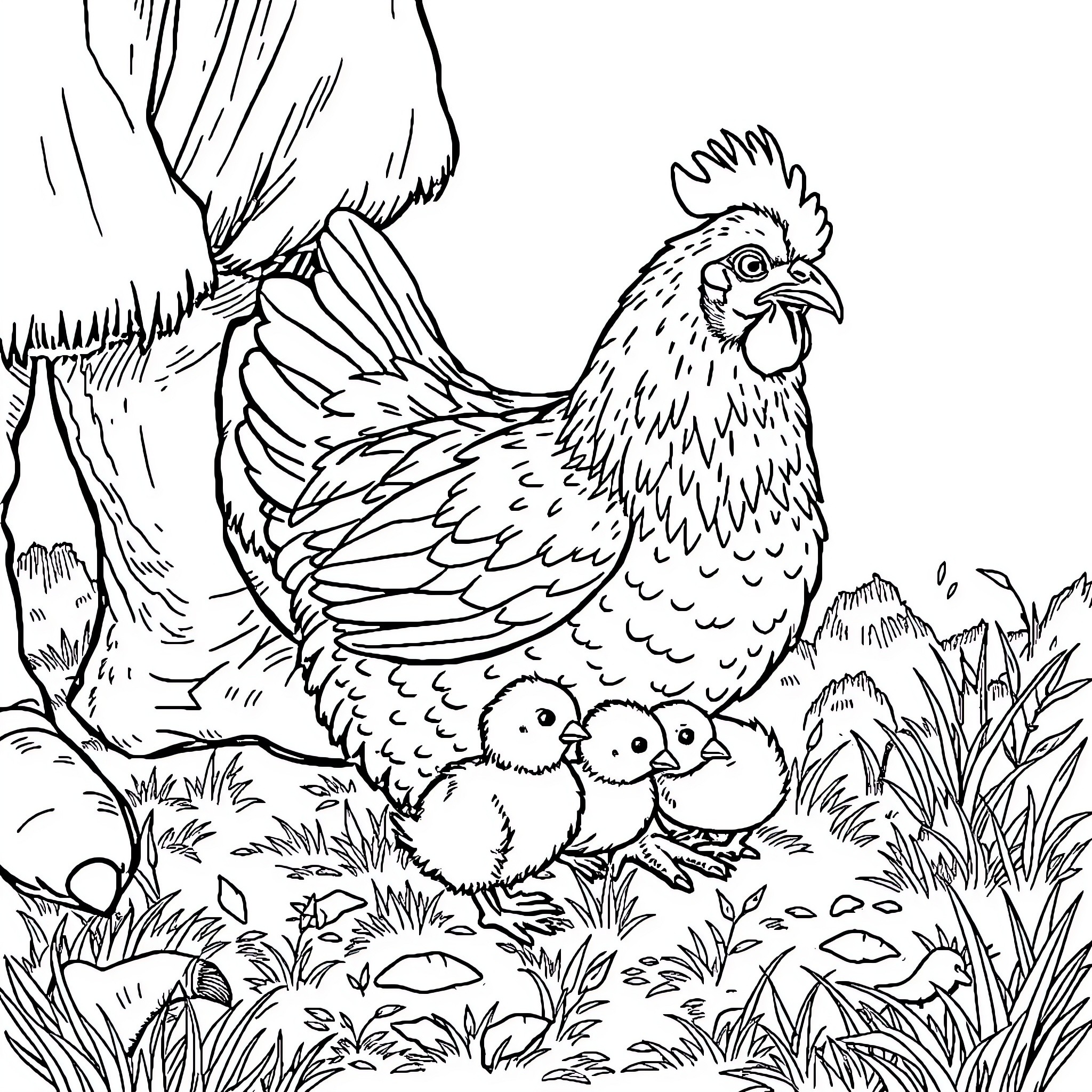 Hen guarding chicks in a lush landscape Coloring Page (free black-and-white line drawing printable PDF for all, from beginners to advanced learners, including children, teens, adults, and seniors)