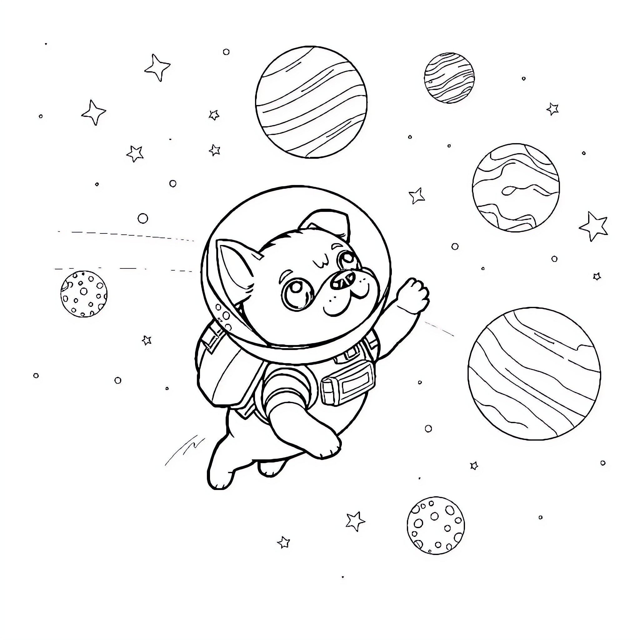 Dog astronaut exploring the galaxy Coloring Page (free black-and-white line drawing printable PDF for all, from beginners to advanced learners, including children, teens, adults, and seniors)