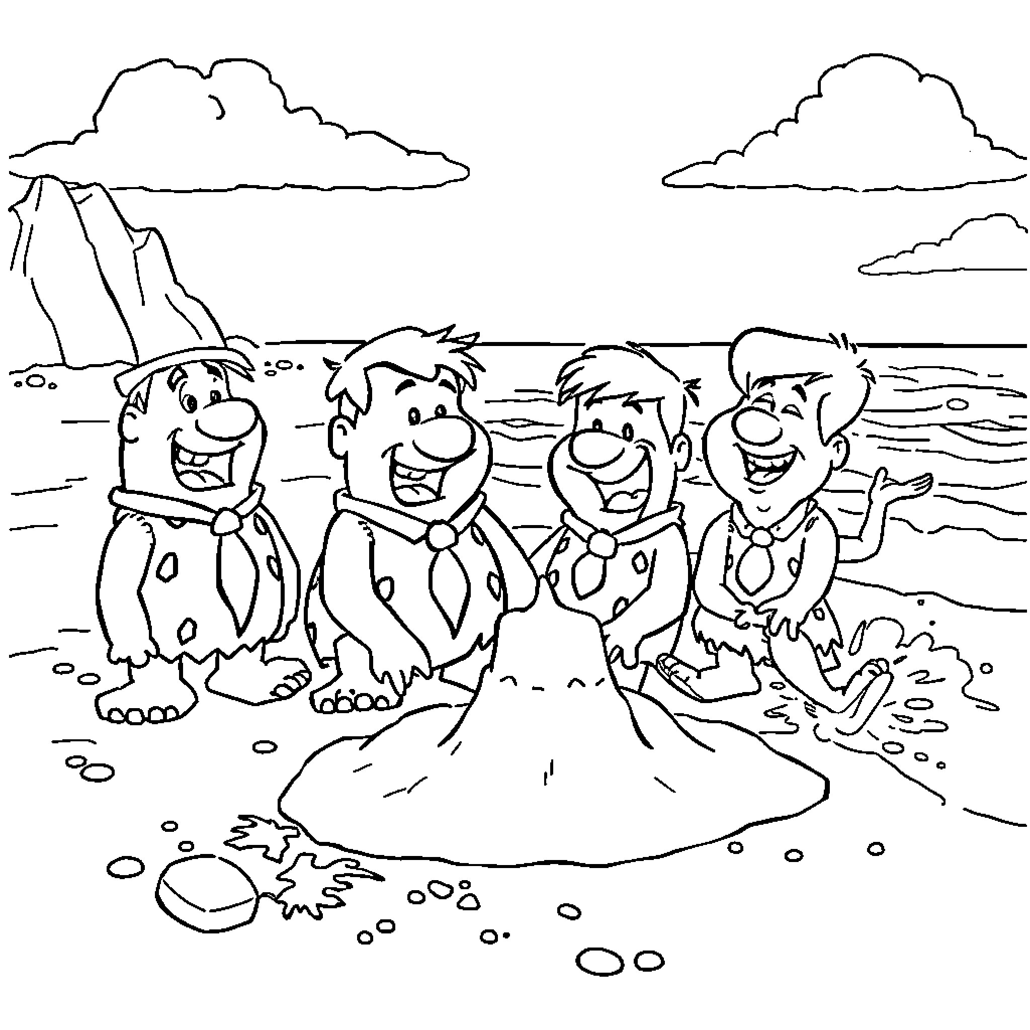 Flintstones enjoying a day at the beach Coloring Page (free black-and-white line drawing printable PDF for all, from beginners to advanced learners, including children, teens, adults, and seniors)