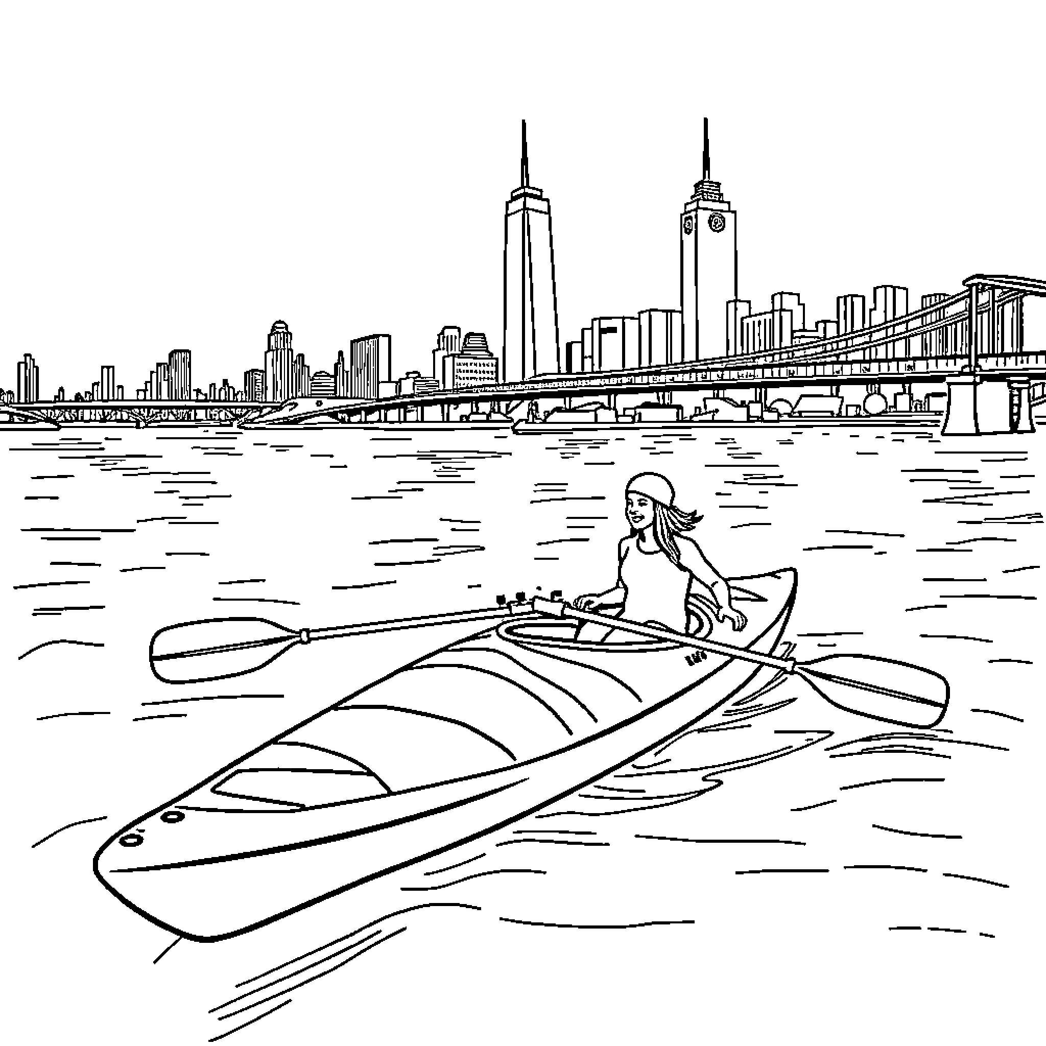 Kayak paddling on the river with city skyline Coloring Page (free black-and-white line drawing printable PDF for all, from beginners to advanced learners, including children, teens, adults, and seniors)