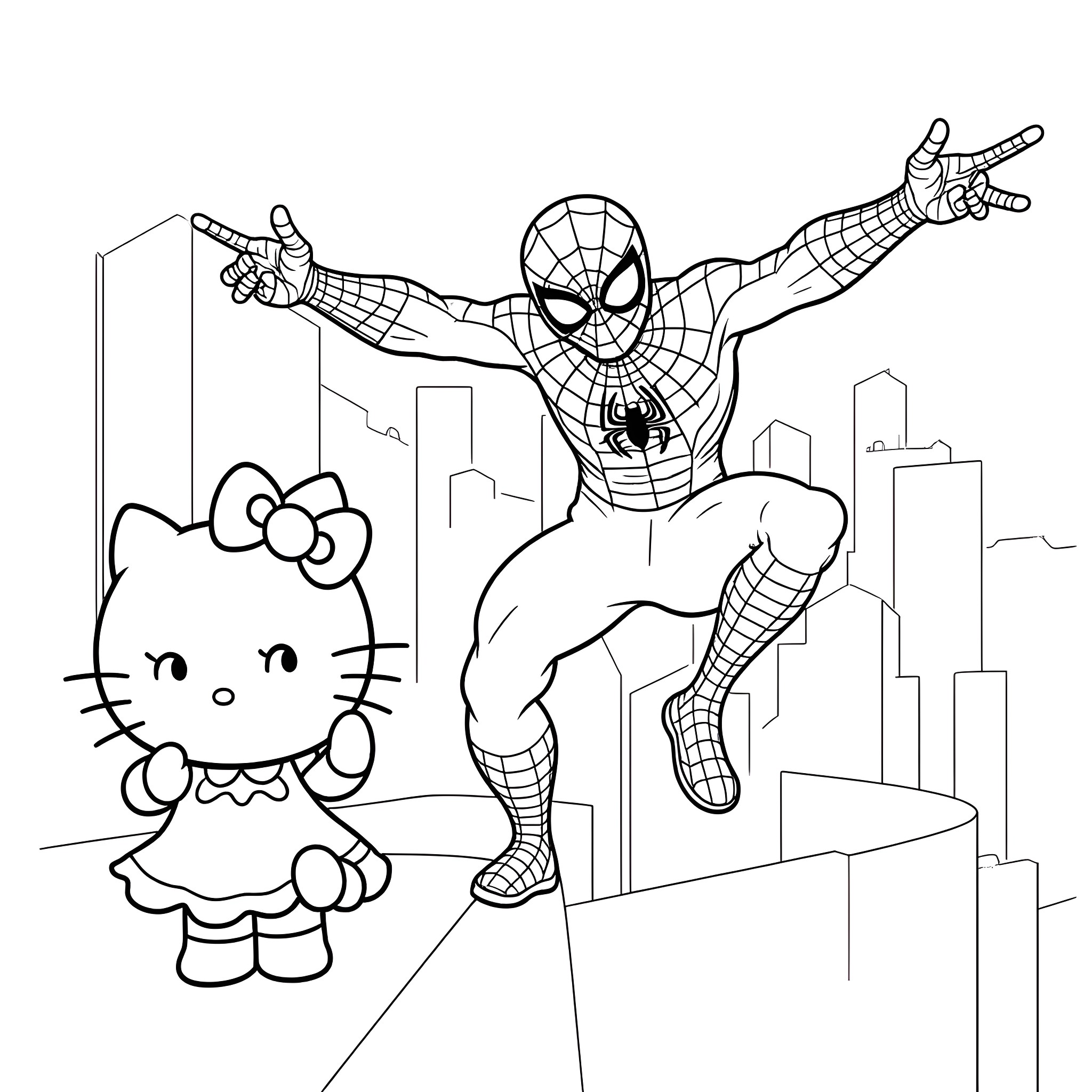 Spider-Man meets Hello Kitty in the city Coloring Page (free black-and-white line drawing printable PDF for all, from beginners to advanced learners, including children, teens, adults, and seniors)