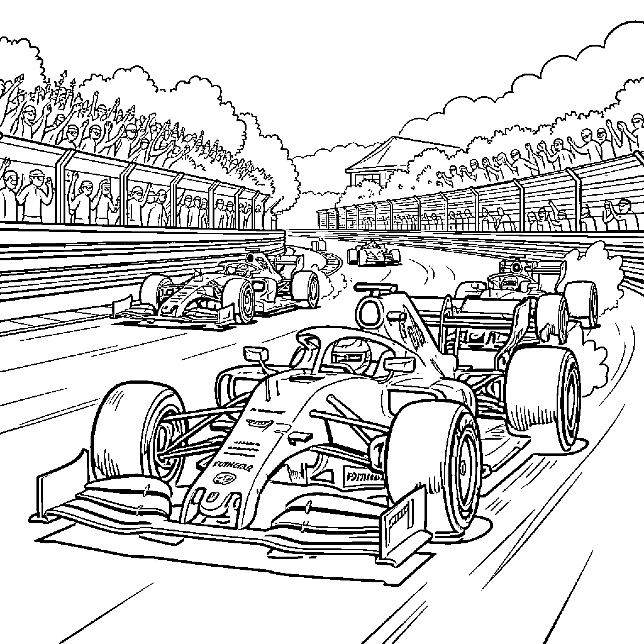 Formula 1 racing cars speeding past cheering crowds Coloring Page (free black-and-white line drawing printable PDF for all, from beginners to advanced learners, including children, teens, adults, and seniors)