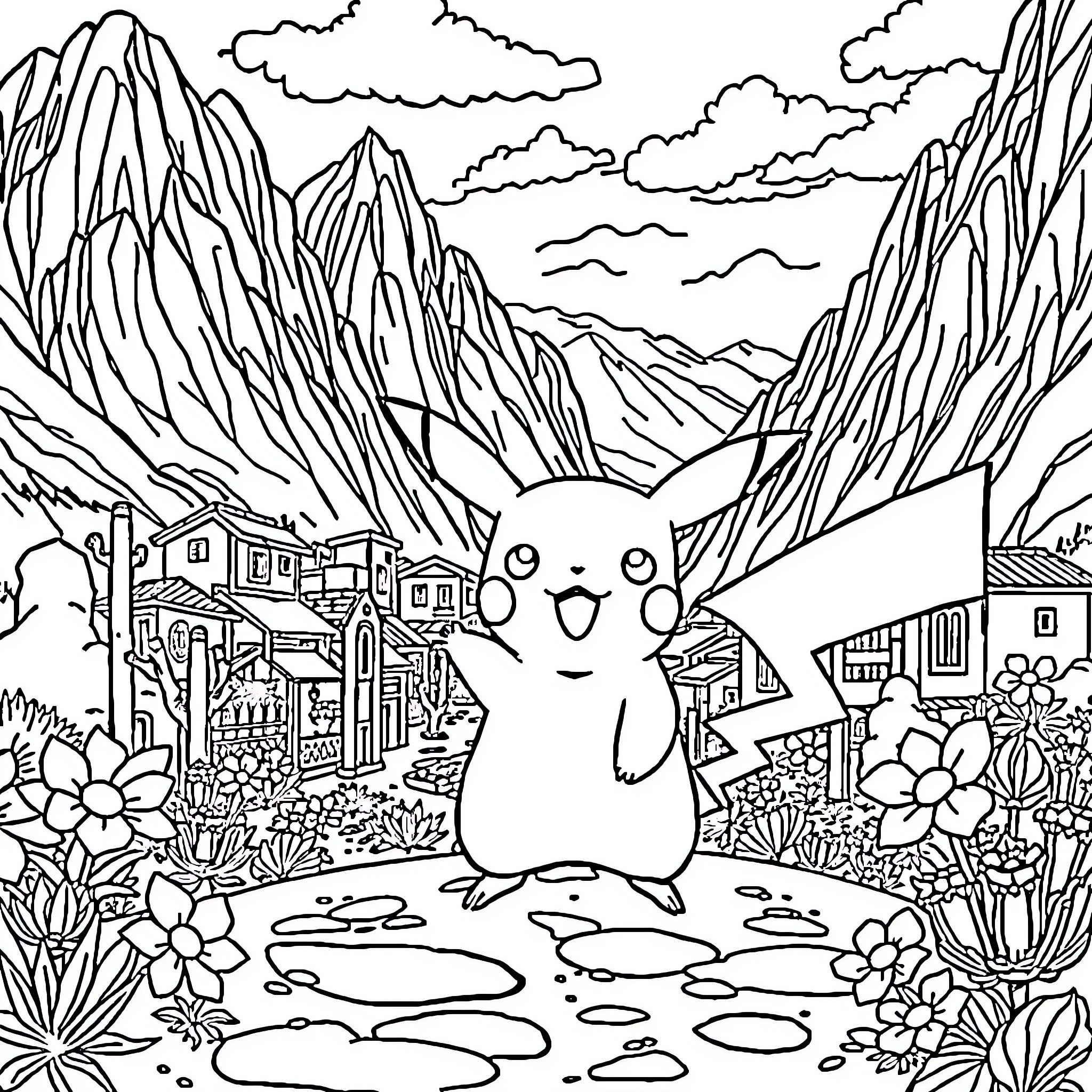 Pikachu exploring the enchanted mountain village Coloring Page (free black-and-white line drawing printable PDF for all, from beginners to advanced learners, including children, teens, adults, and seniors)