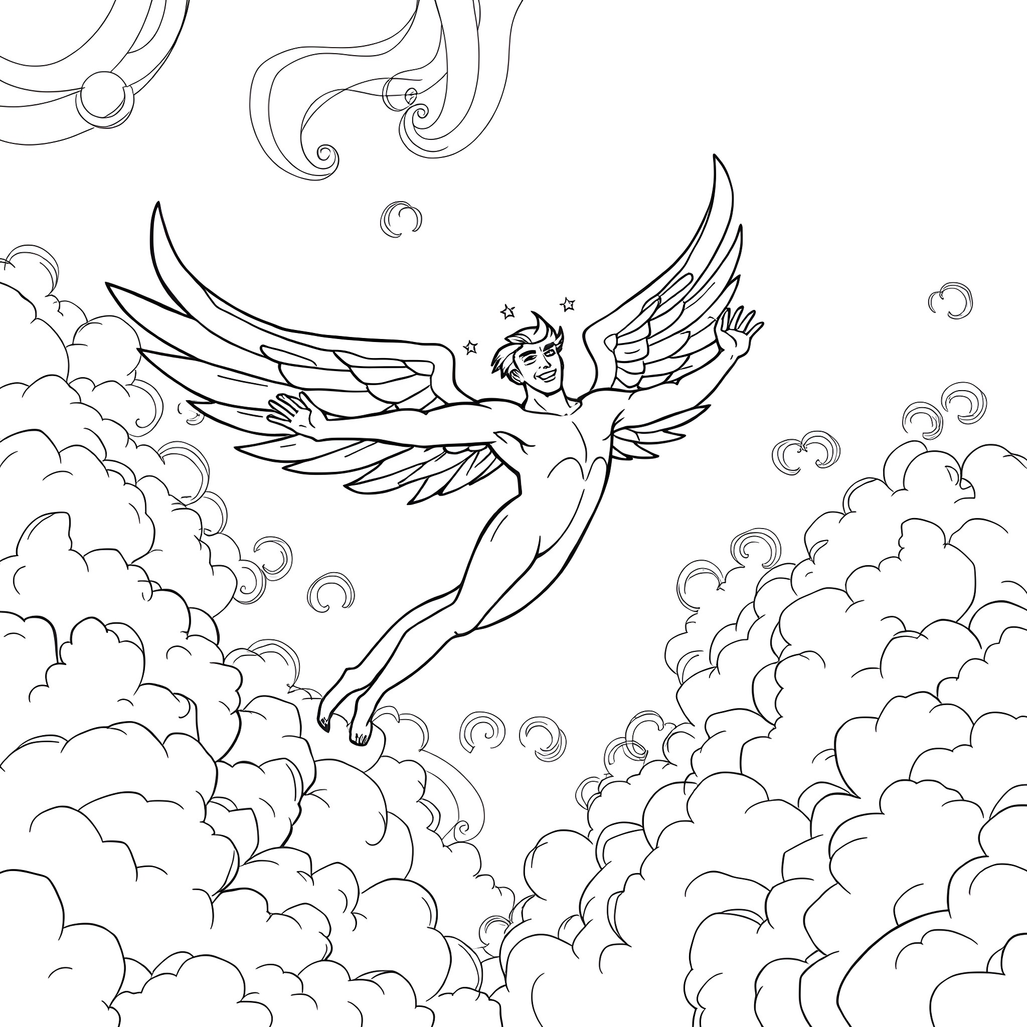 Lucifer, the Fallen Angel, Soaring Through the Celestial Realm Coloring Page (free black-and-white line drawing printable PDF for all, from beginners to advanced learners, including children, teens, adults, and seniors)