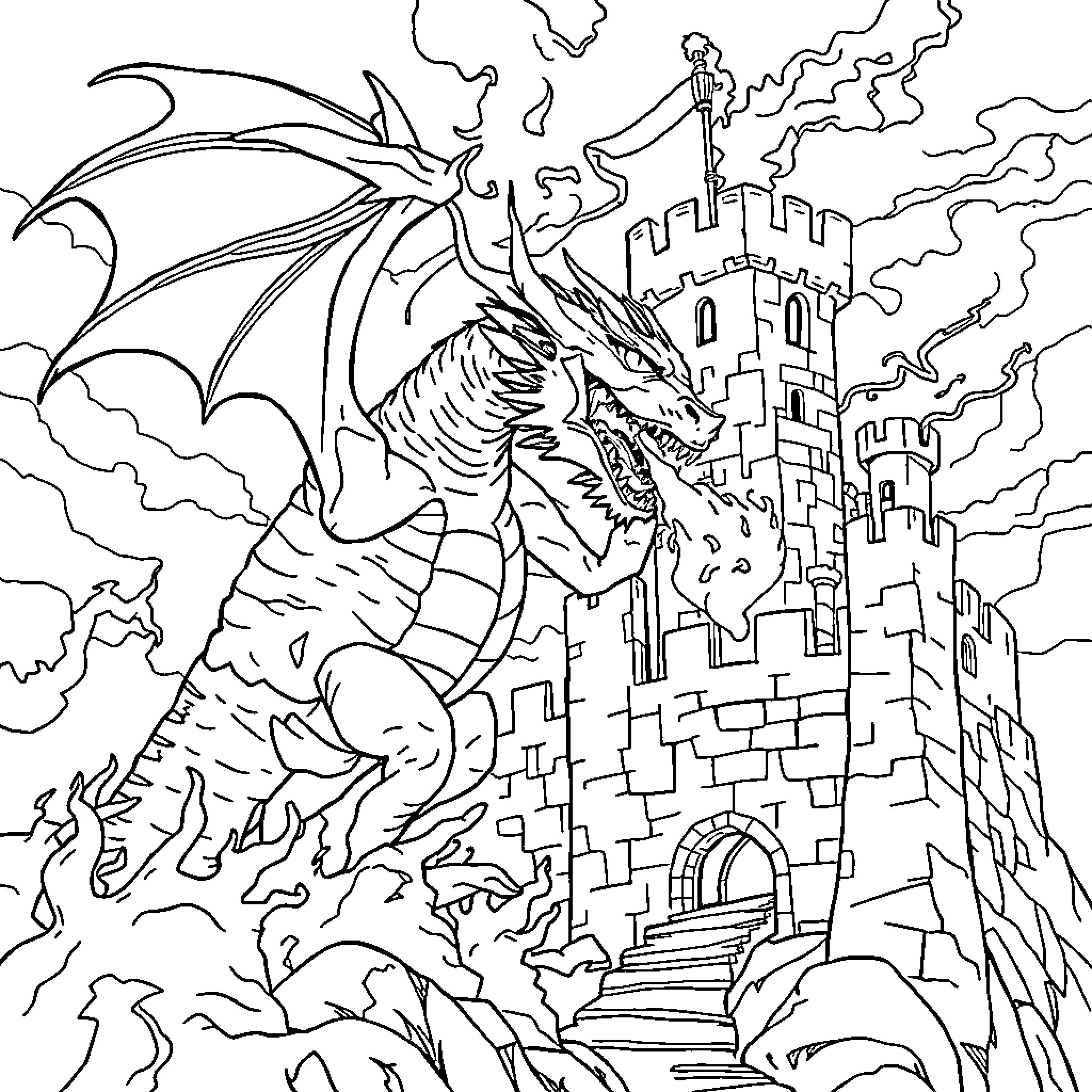 Dragon soaring over medieval castle in stormy skies Coloring Page (free black-and-white line drawing printable PDF for all, from beginners to advanced learners, including children, teens, adults, and seniors)