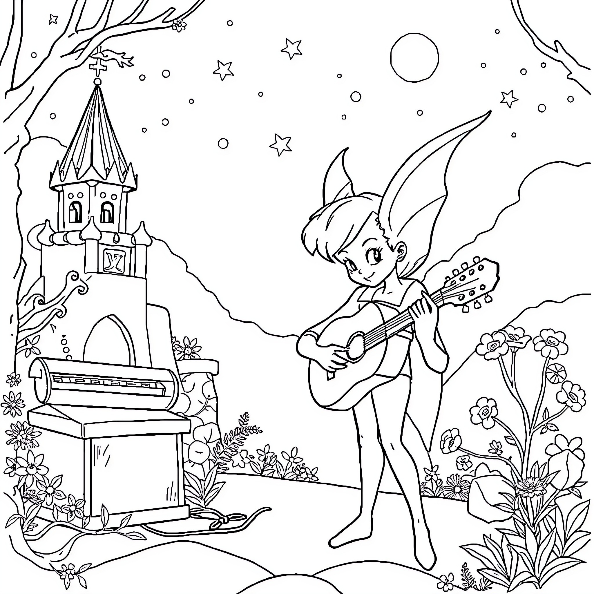 Miraculous Fairy Serenades Castle Under Starry Sky Coloring Page (free black-and-white line drawing printable PDF for all, from beginners to advanced learners, including children, teens, adults, and seniors)