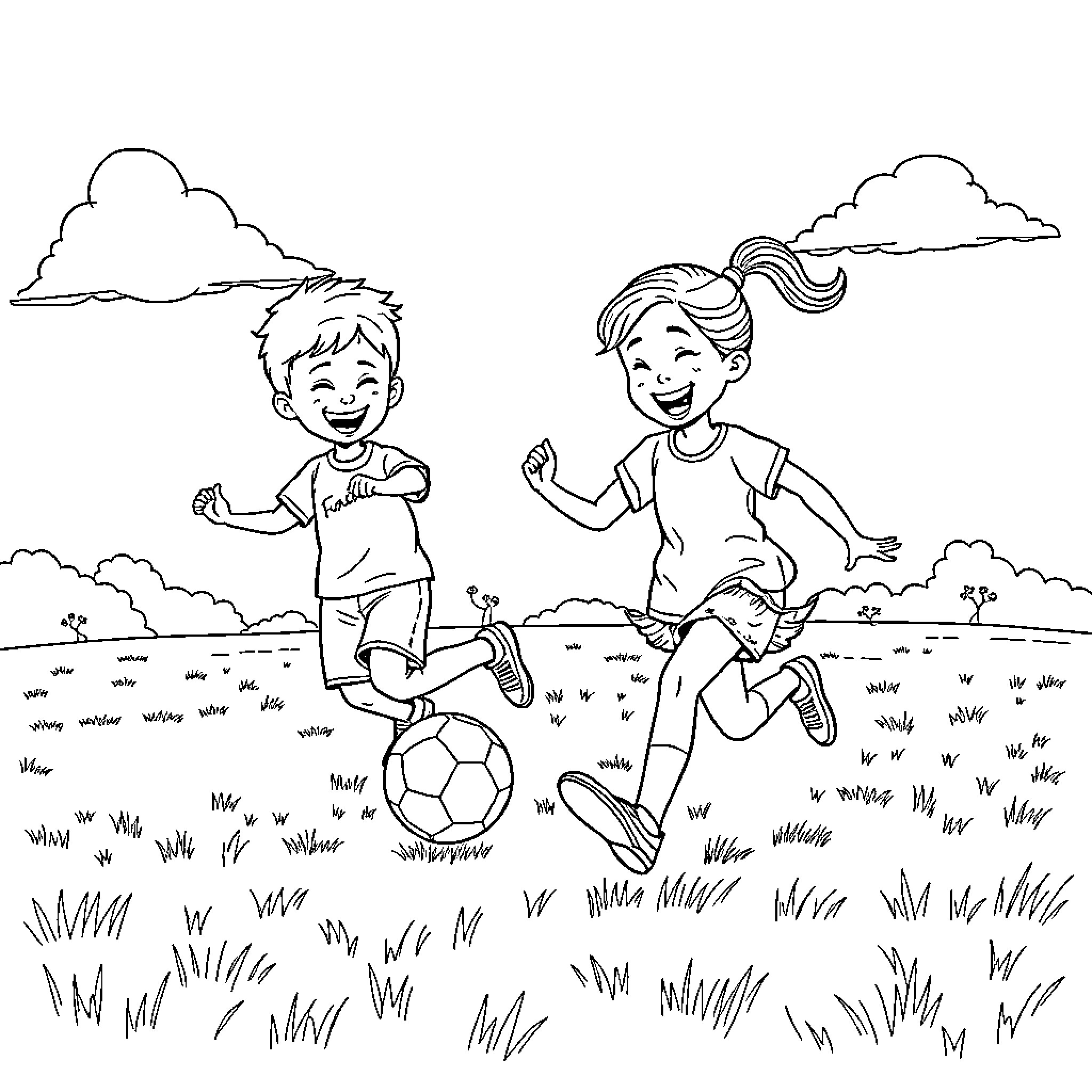 Child Enjoying Outdoor Play with Friends Coloring Page (free black-and-white line drawing printable PDF for all, from beginners to advanced learners, including children, teens, adults, and seniors)