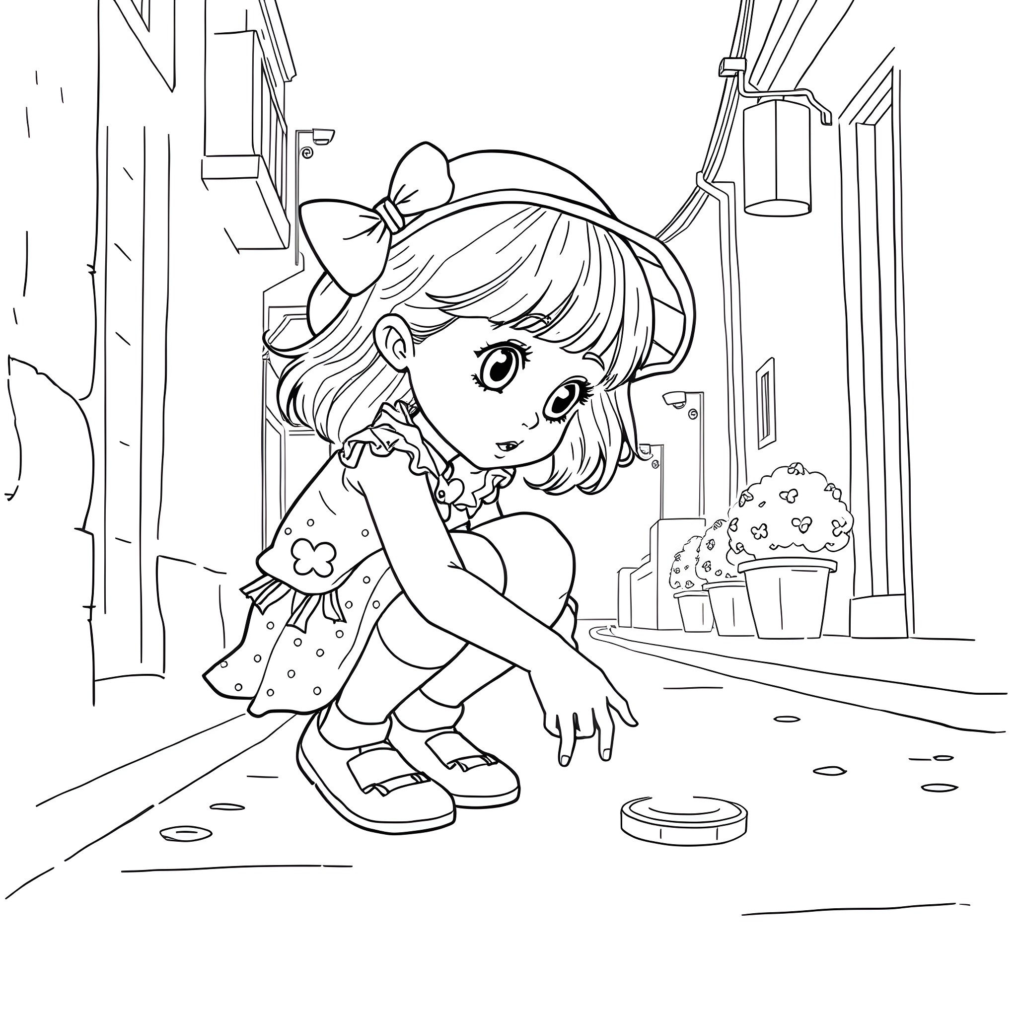 Girl exploring the city street with curiosity Coloring Page (free black-and-white line drawing printable PDF for all, from beginners to advanced learners, including children, teens, adults, and seniors)