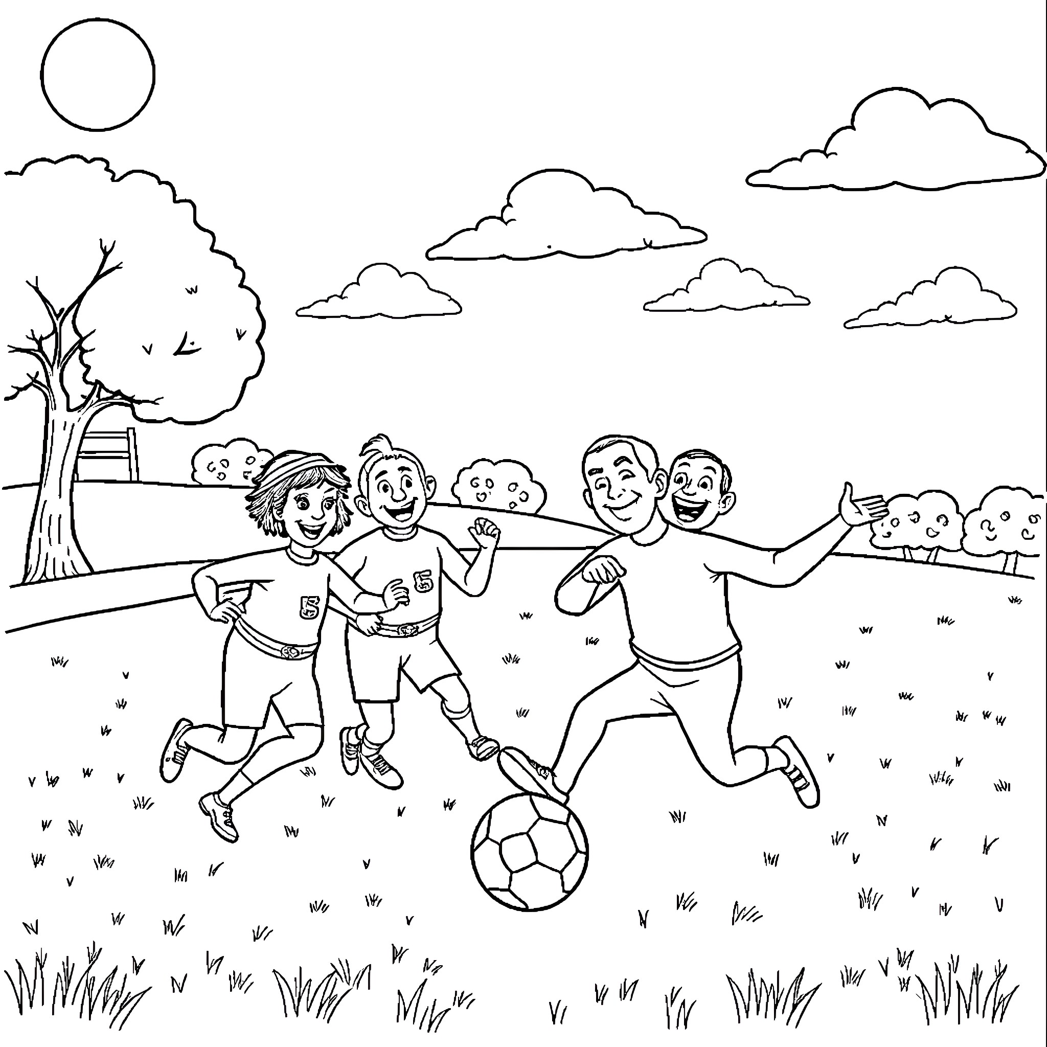 Wiggles playing joyfully with friends on the field Coloring Page (free black-and-white line drawing printable PDF for all, from beginners to advanced learners, including children, teens, adults, and seniors)