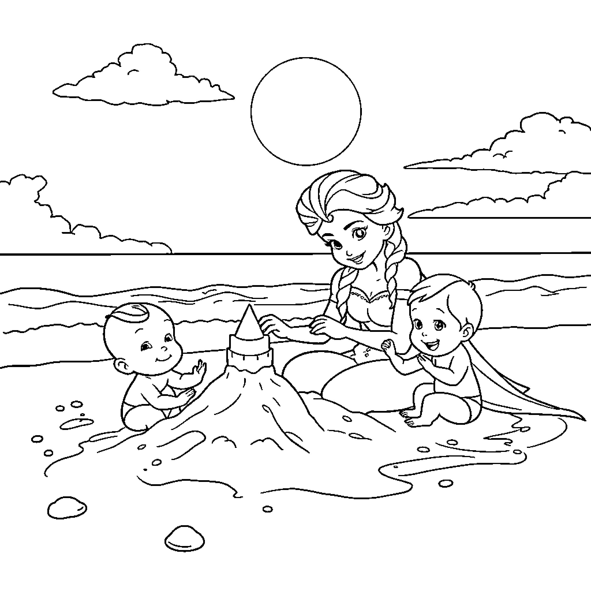 Elsa playing with children on the beach Coloring Page (free black-and-white line drawing printable PDF for all, from beginners to advanced learners, including children, teens, adults, and seniors)