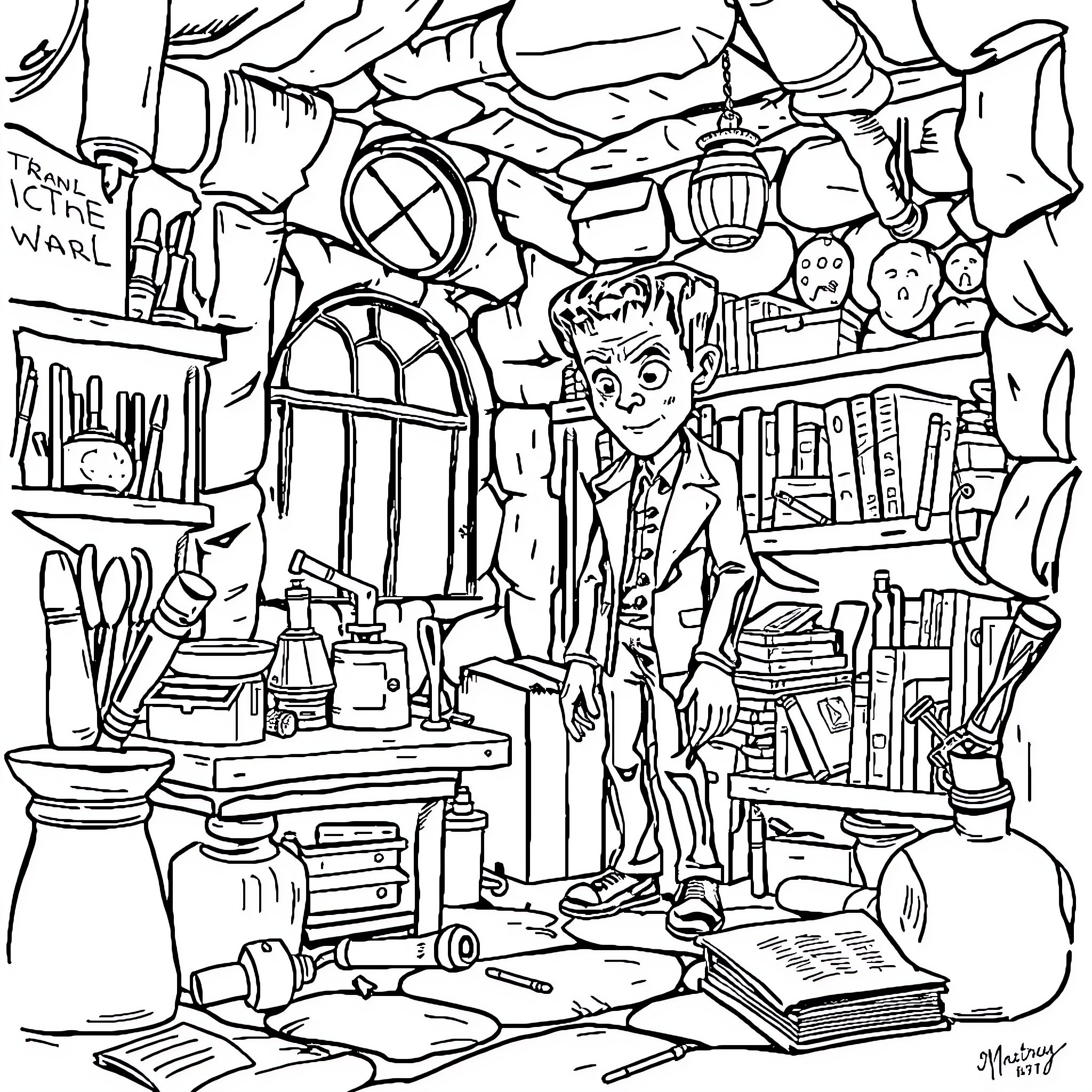 Frankenstein's Mad Scientist's Cluttered Laboratory Coloring Page (free black-and-white line drawing printable PDF for all, from beginners to advanced learners, including children, teens, adults, and seniors)