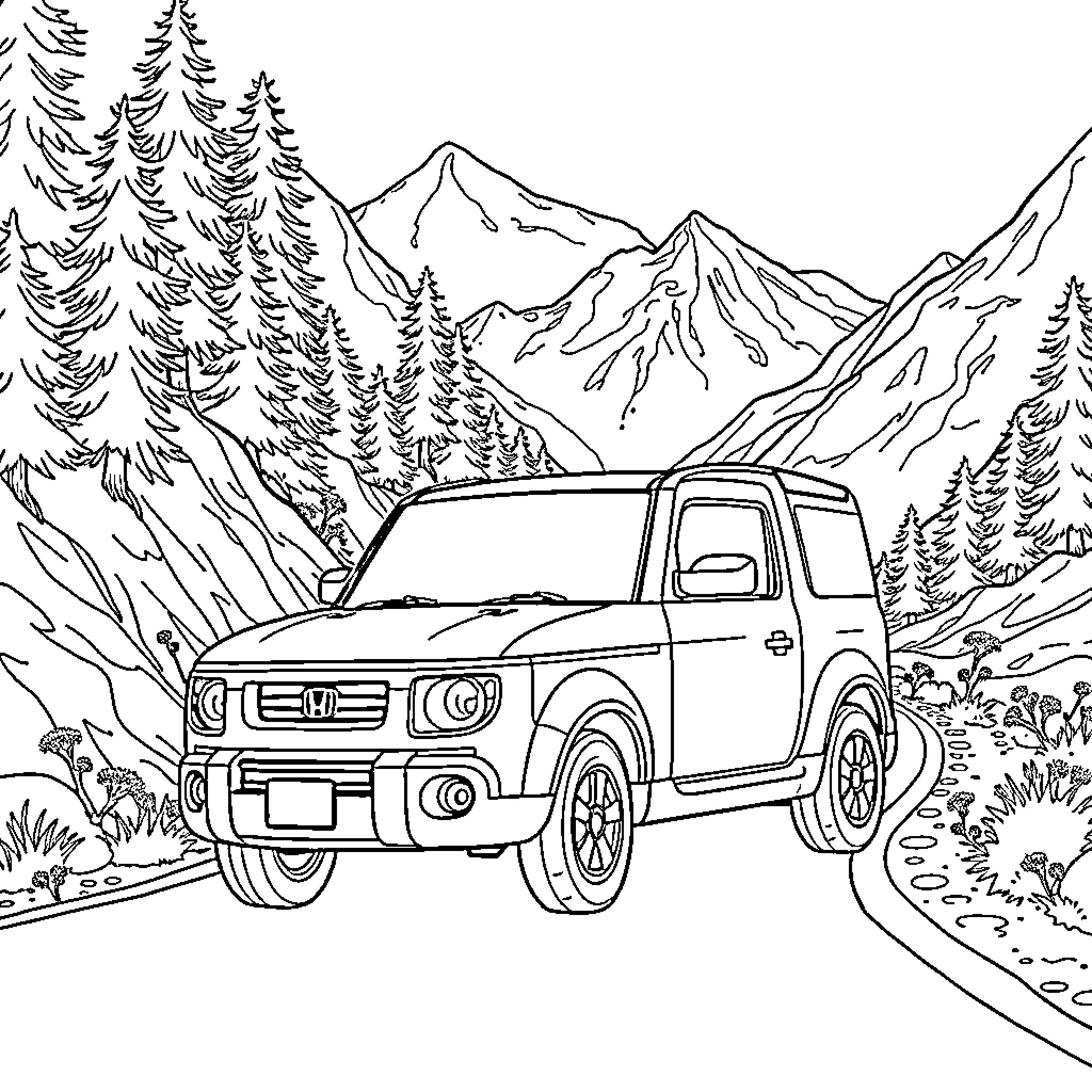 Honda Element in the mountain wilderness Coloring Page (free black-and-white line drawing printable PDF for all, from beginners to advanced learners, including children, teens, adults, and seniors)