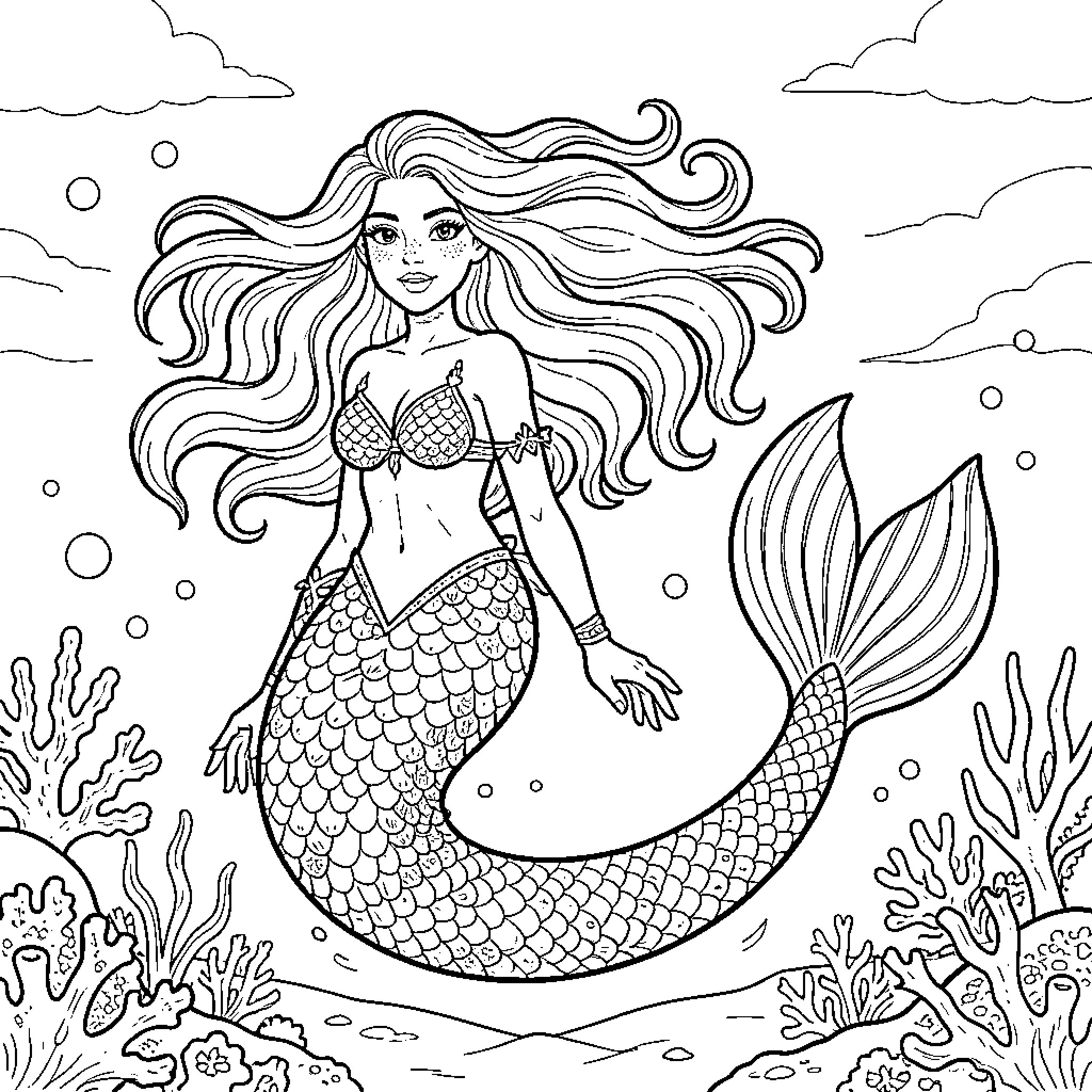 Mermaid swimming gracefully in the ocean Coloring Page (free black-and-white line drawing printable PDF for all, from beginners to advanced learners, including children, teens, adults, and seniors)