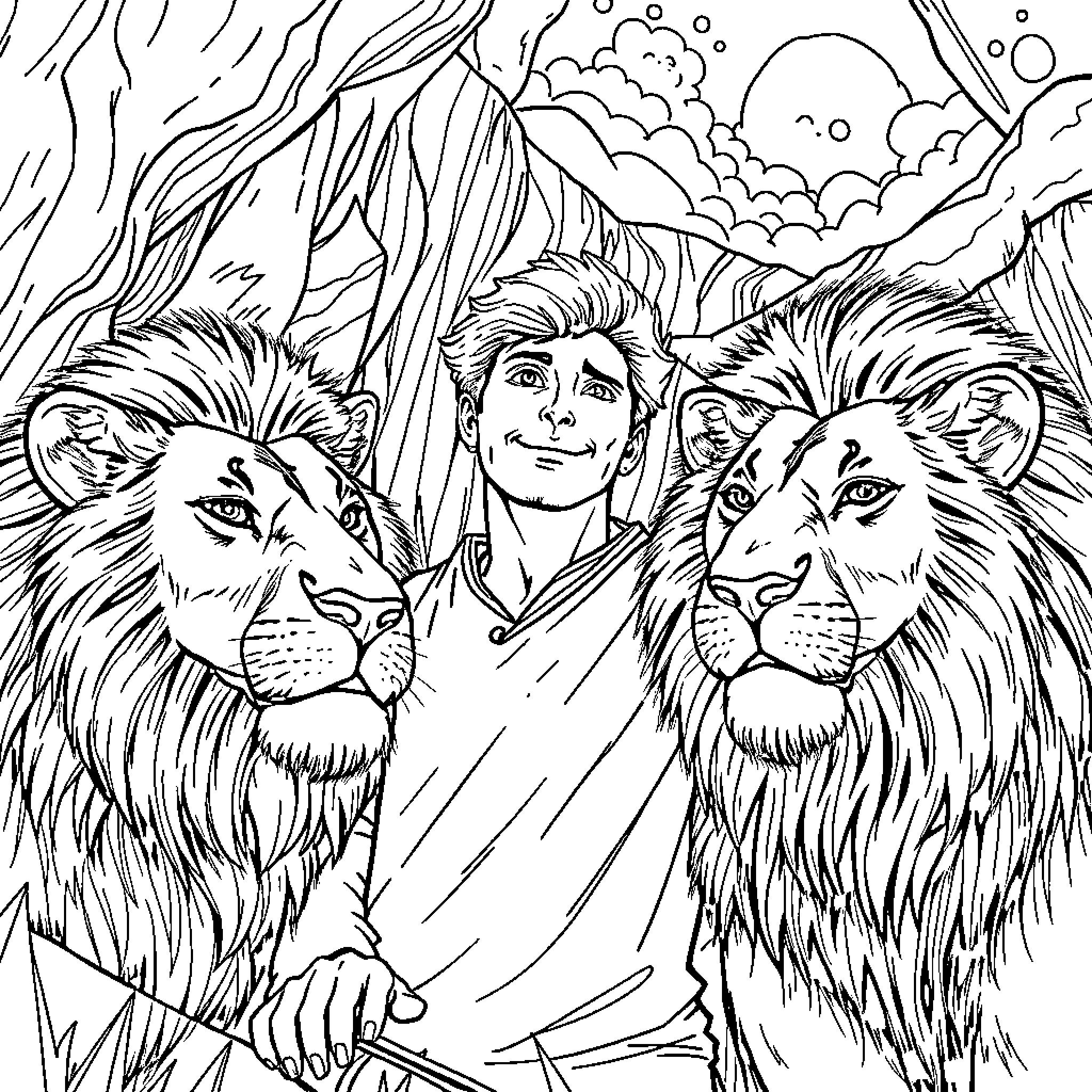 Lion tamer posing with two majestic lions Coloring Page (free black-and-white line drawing printable PDF for all, from beginners to advanced learners, including children, teens, adults, and seniors)