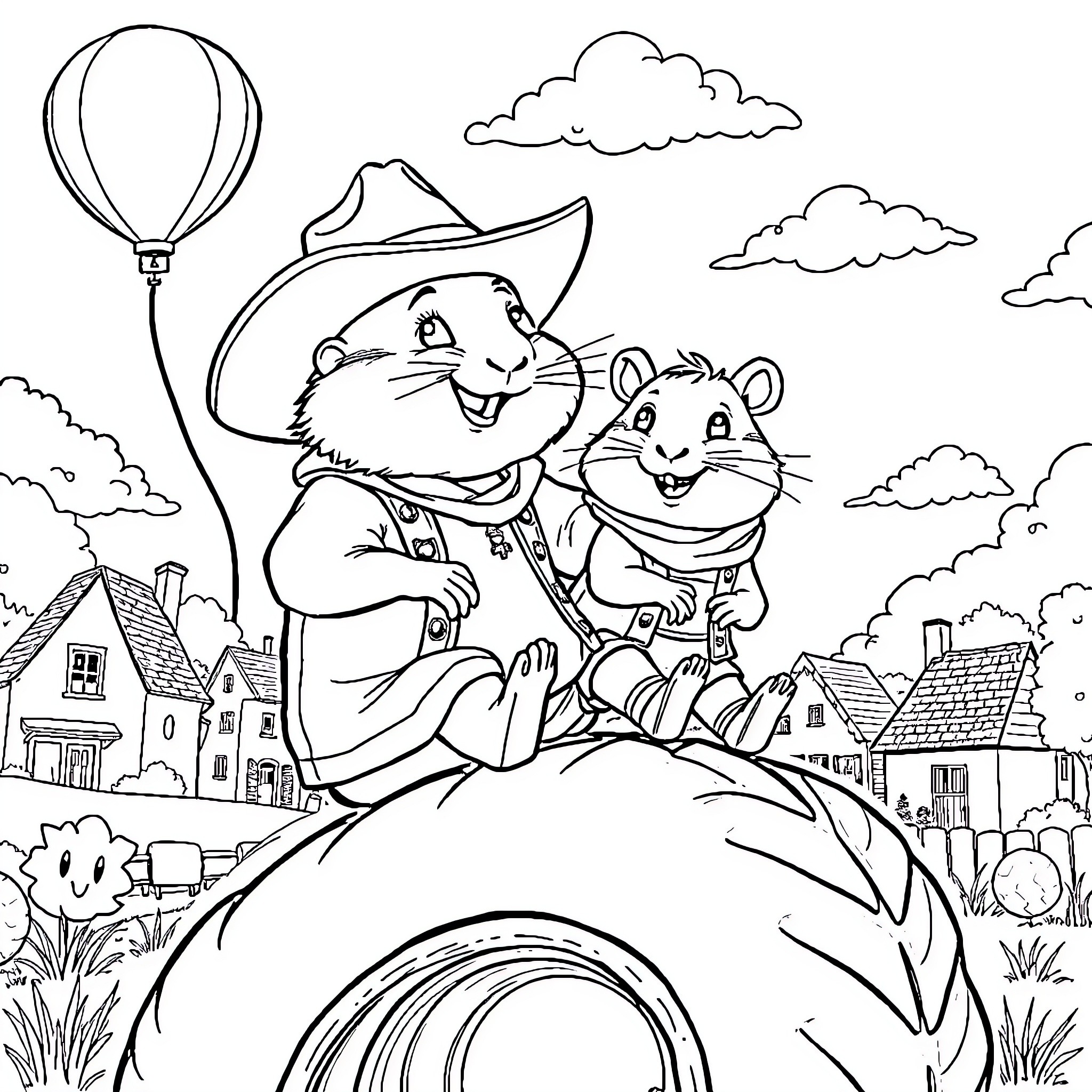Hamster Explorers on a Hot Air Balloon Adventure Coloring Page (free black-and-white line drawing printable PDF for all, from beginners to advanced learners, including children, teens, adults, and seniors)