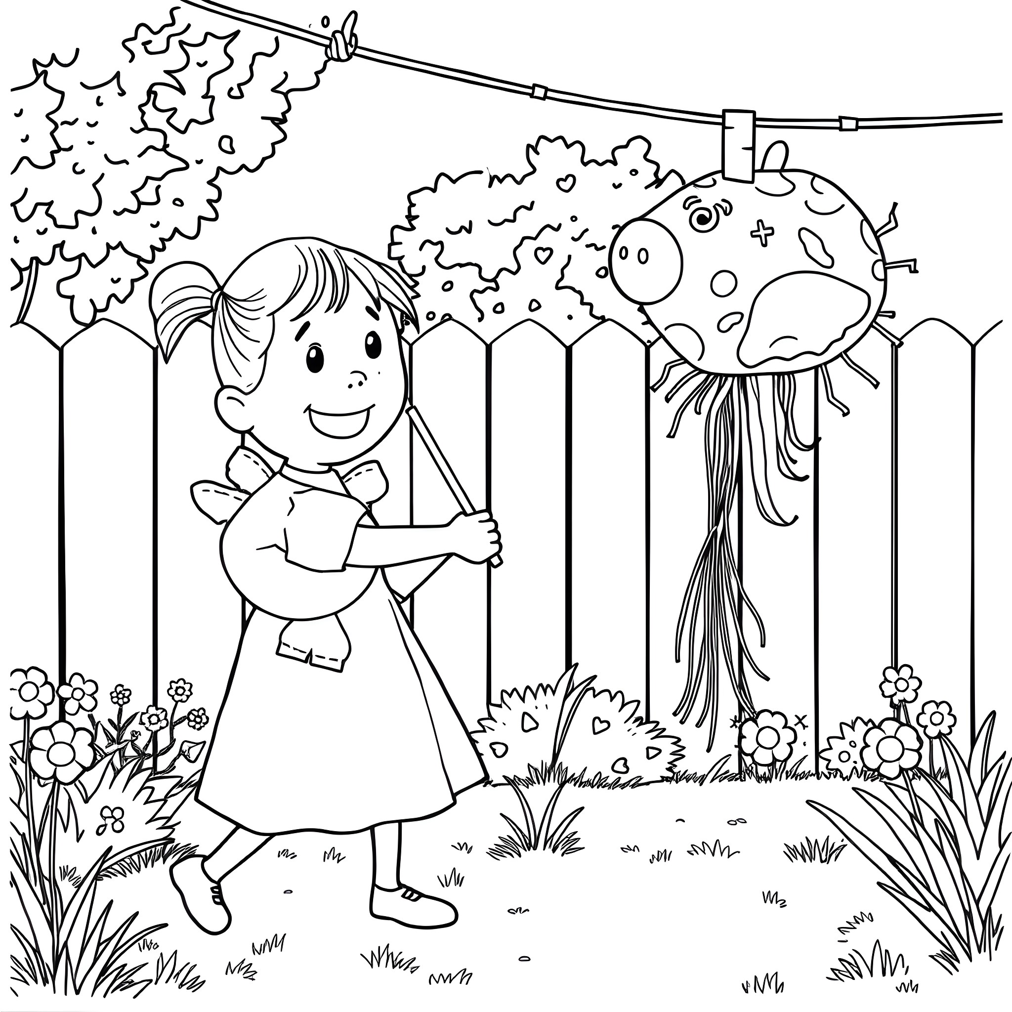 Pinata fun with a smiling girl in the garden Coloring Page (free black-and-white line drawing printable PDF for all, from beginners to advanced learners, including children, teens, adults, and seniors)