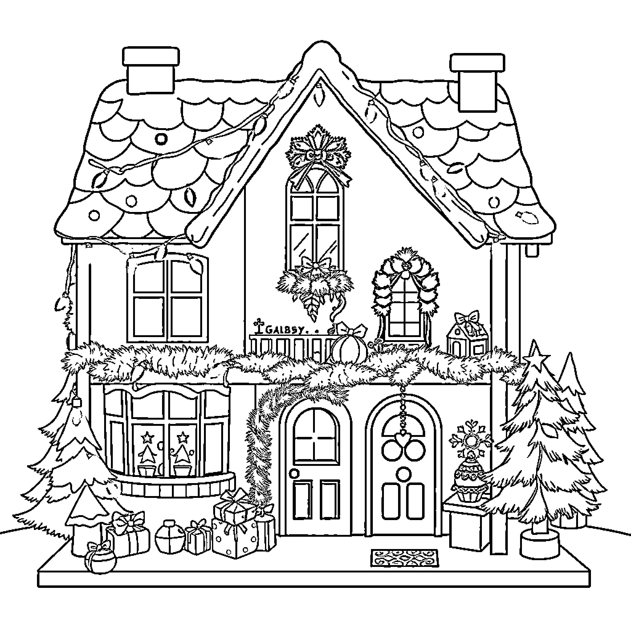 Dollhouse with festive decorations and gifts Coloring Page (free black-and-white line drawing printable PDF for all, from beginners to advanced learners, including children, teens, adults, and seniors)