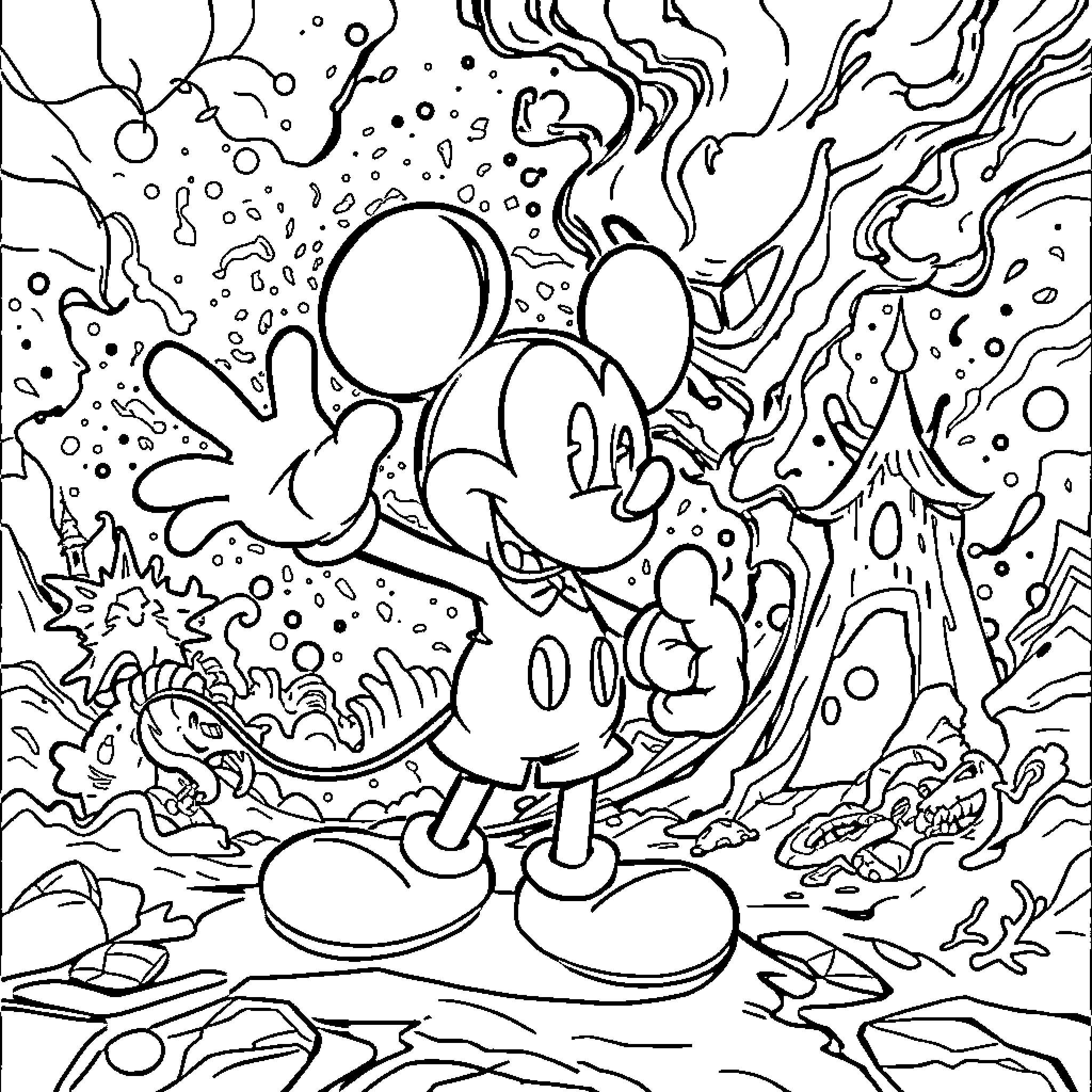 Mickey's Whimsical Adventure Coloring Page (free black-and-white line drawing printable PDF for all, from beginners to advanced learners, including children, teens, adults, and seniors)