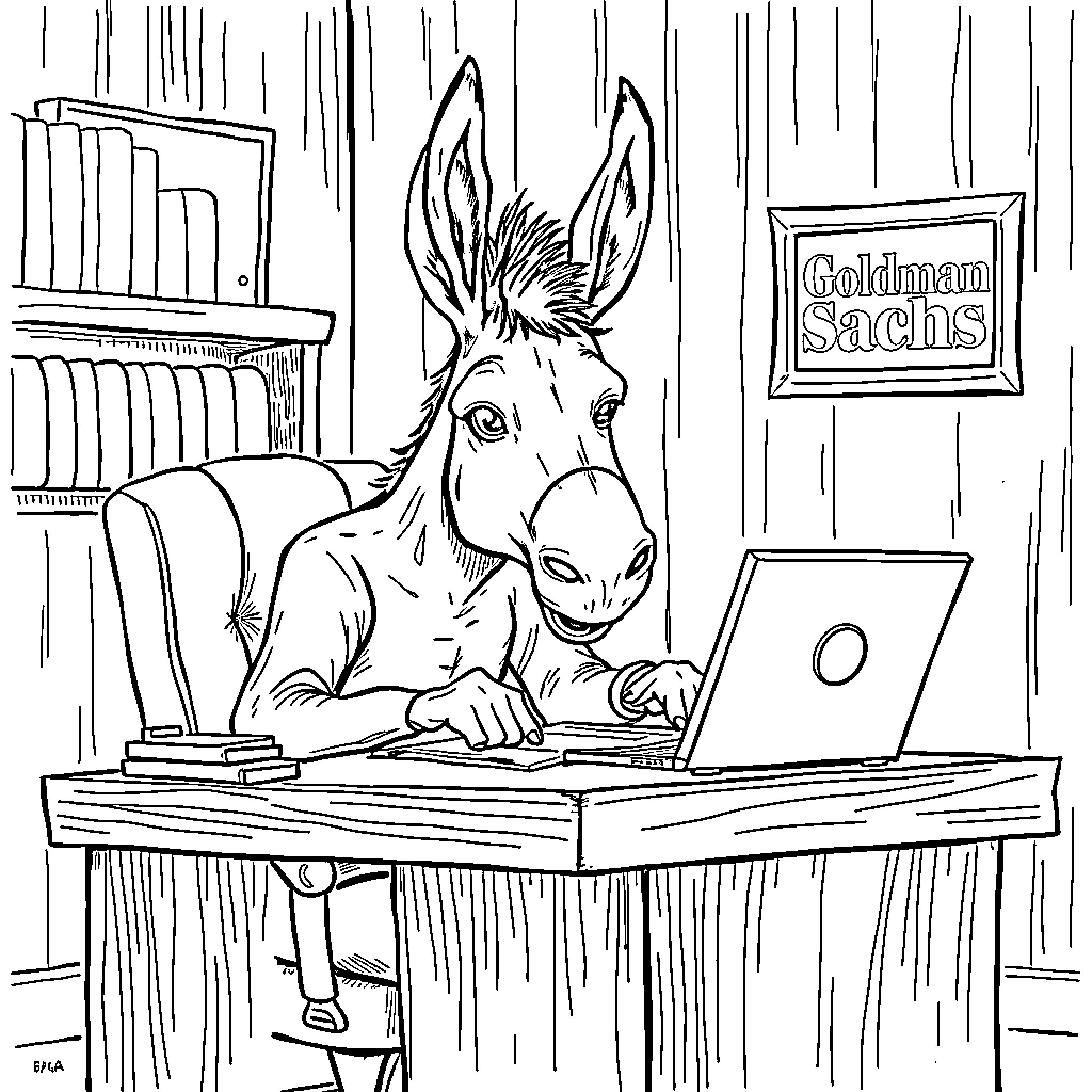 Donkey working diligently at computer in office Coloring Page (free black-and-white line drawing printable PDF for all, from beginners to advanced learners, including children, teens, adults, and seniors)