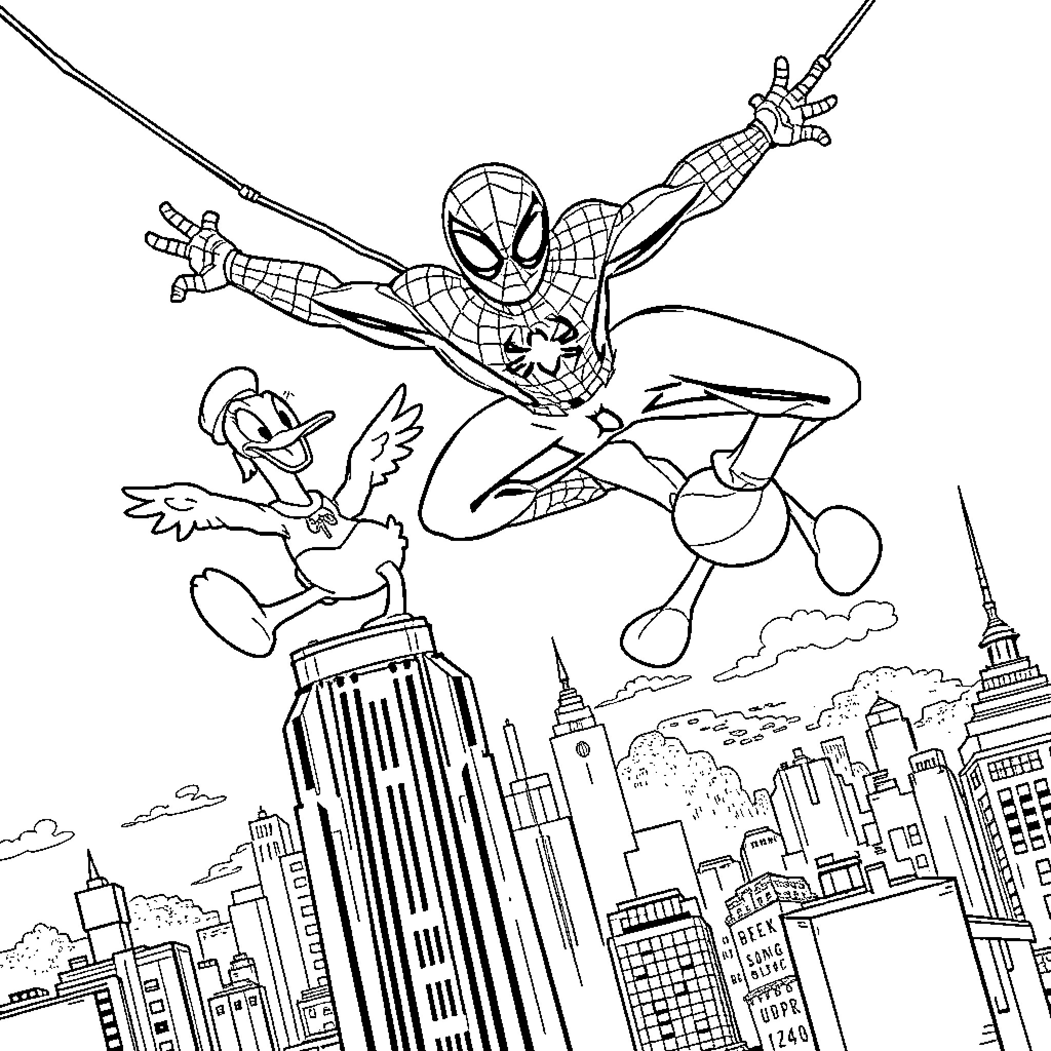 Spider-Man leaping heroically over cityscape Coloring Page (free black-and-white line drawing printable PDF for all, from beginners to advanced learners, including children, teens, adults, and seniors)