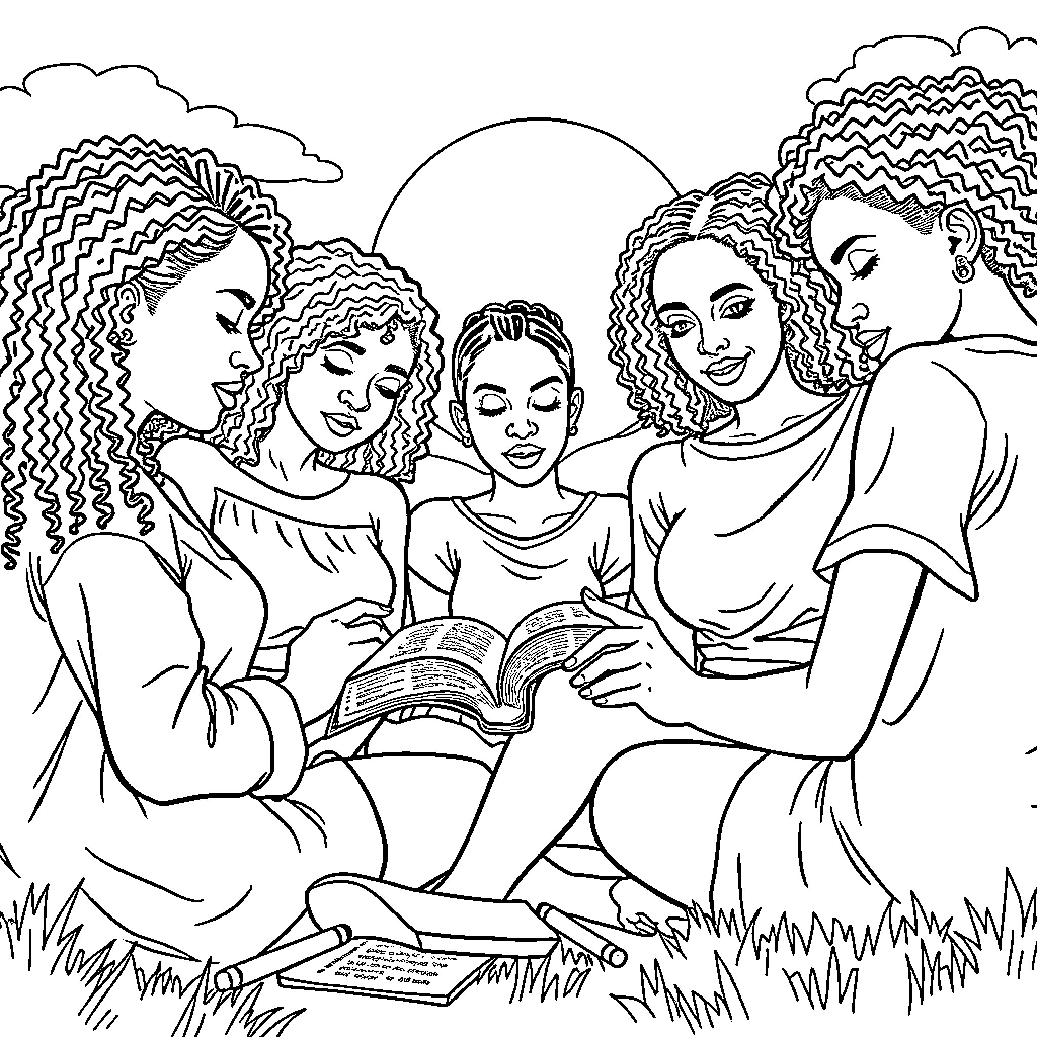 Girls studying and reading together outdoors Coloring Page (free black-and-white line drawing printable PDF for all, from beginners to advanced learners, including children, teens, adults, and seniors)
