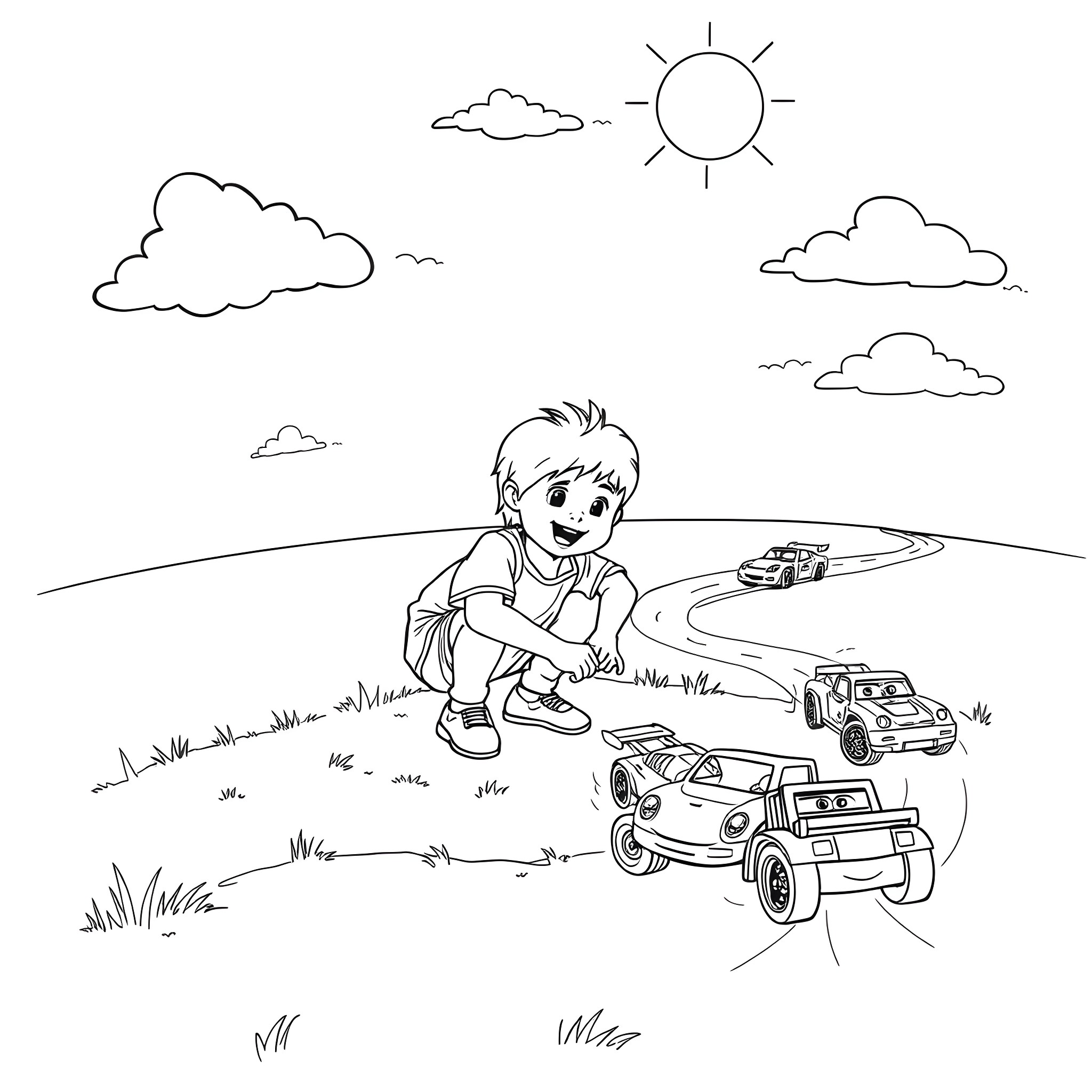 Boy plays with toy cars in peaceful countryside Coloring Page (free black-and-white line drawing printable PDF for all, from beginners to advanced learners, including children, teens, adults, and seniors)